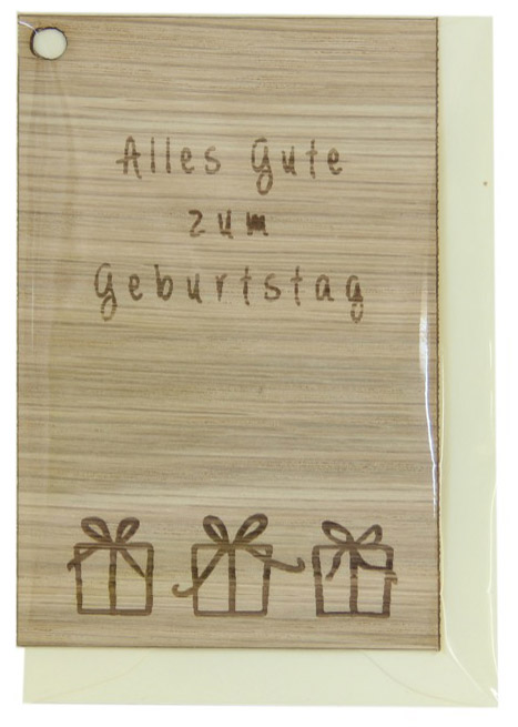 Holzgrusskarten - Geschenkanhänger aus Eiche "Alles Gute zum Geburtstag", Geschenkpakete