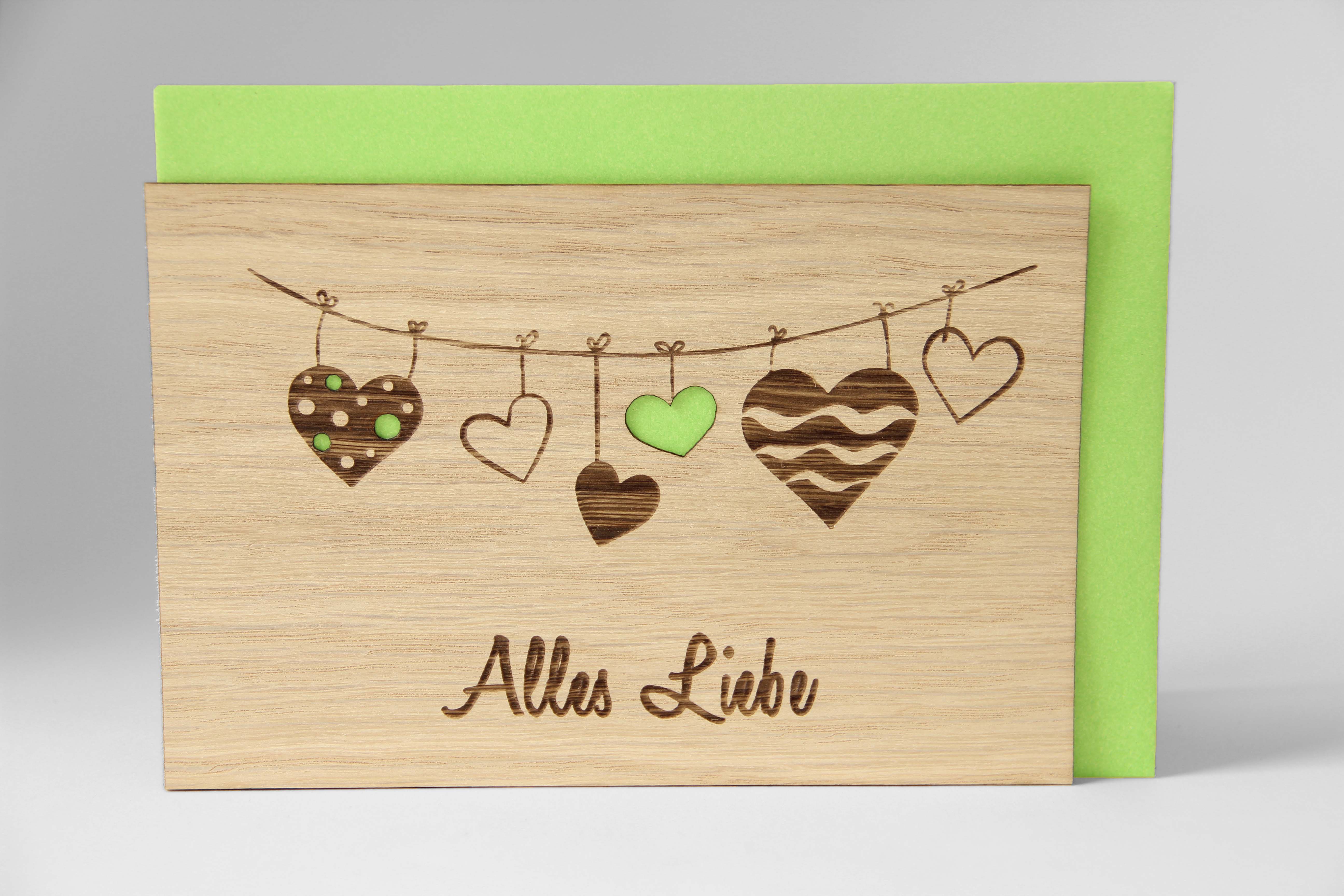 Holzgrusskarten - Geschenkkarte "Alles Liebe" aus Nuss, Dankeskarte, Herzen