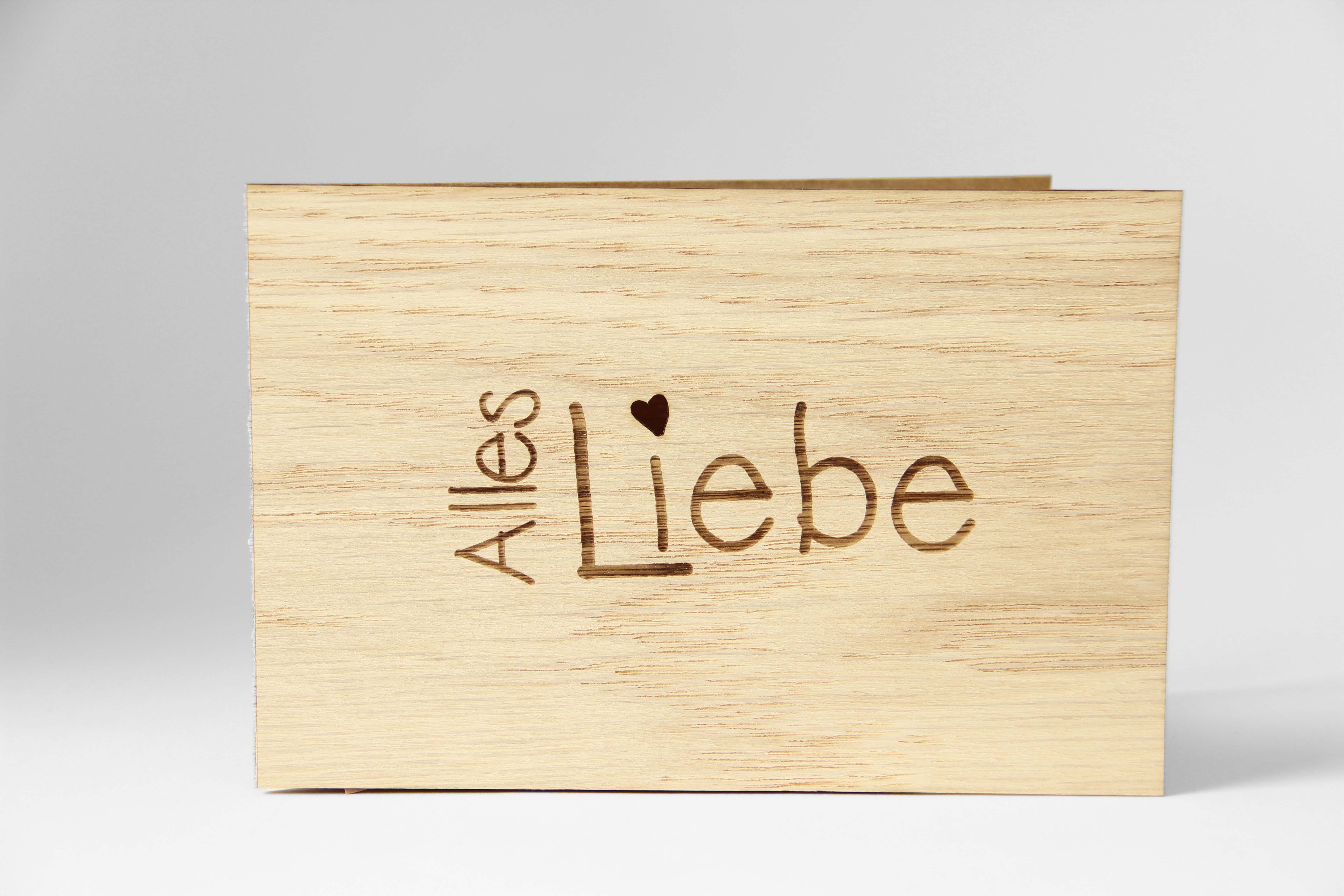 Holzgrusskarten - Geschenkkarte "Alles Liebe" aus Nuss, Dankeskarte, Herz