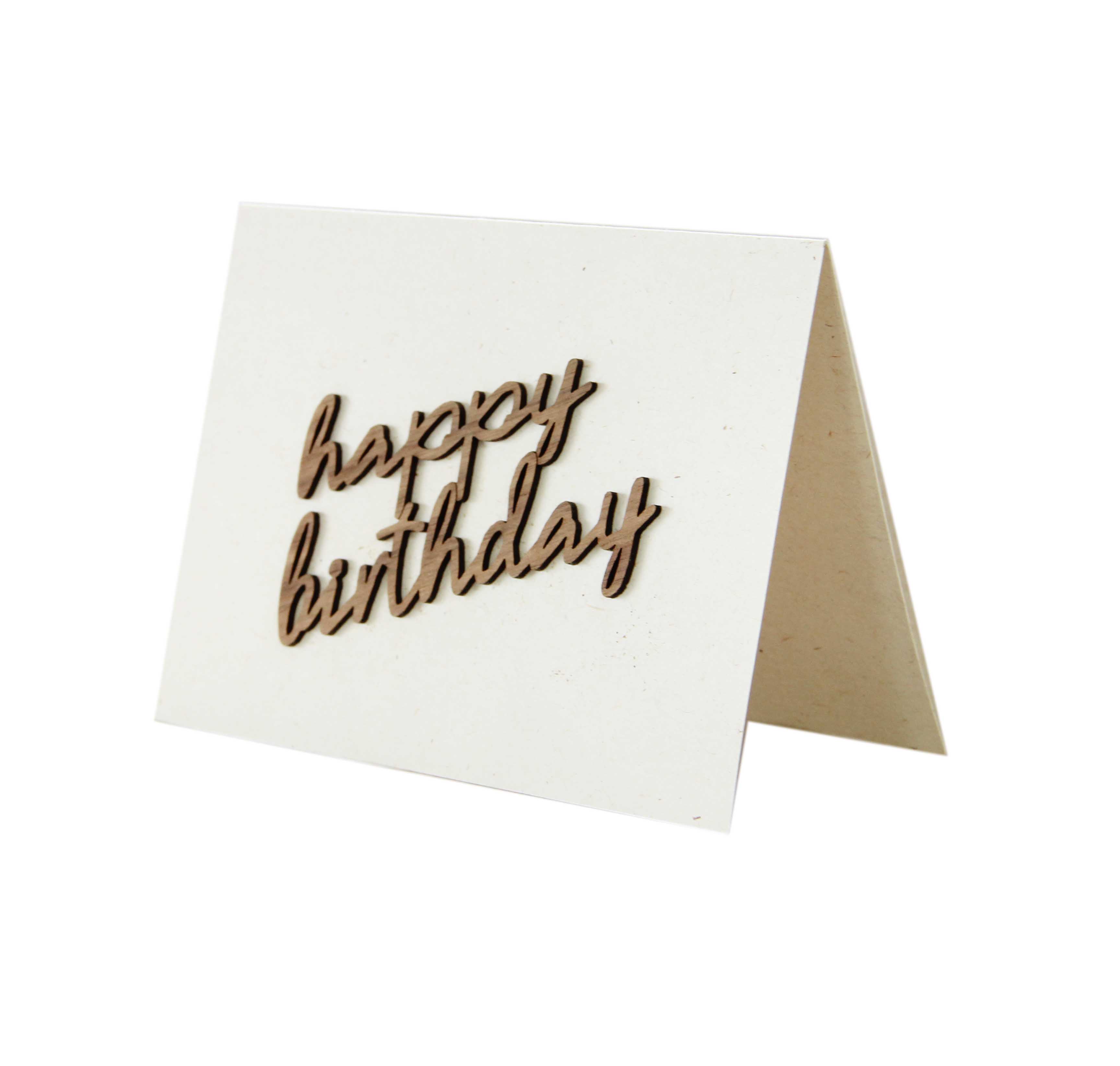 Holzgrusskarten - Papierkarte mit Schriftzug "Happy Birthday" aus Nuss, Geburtstagskarte