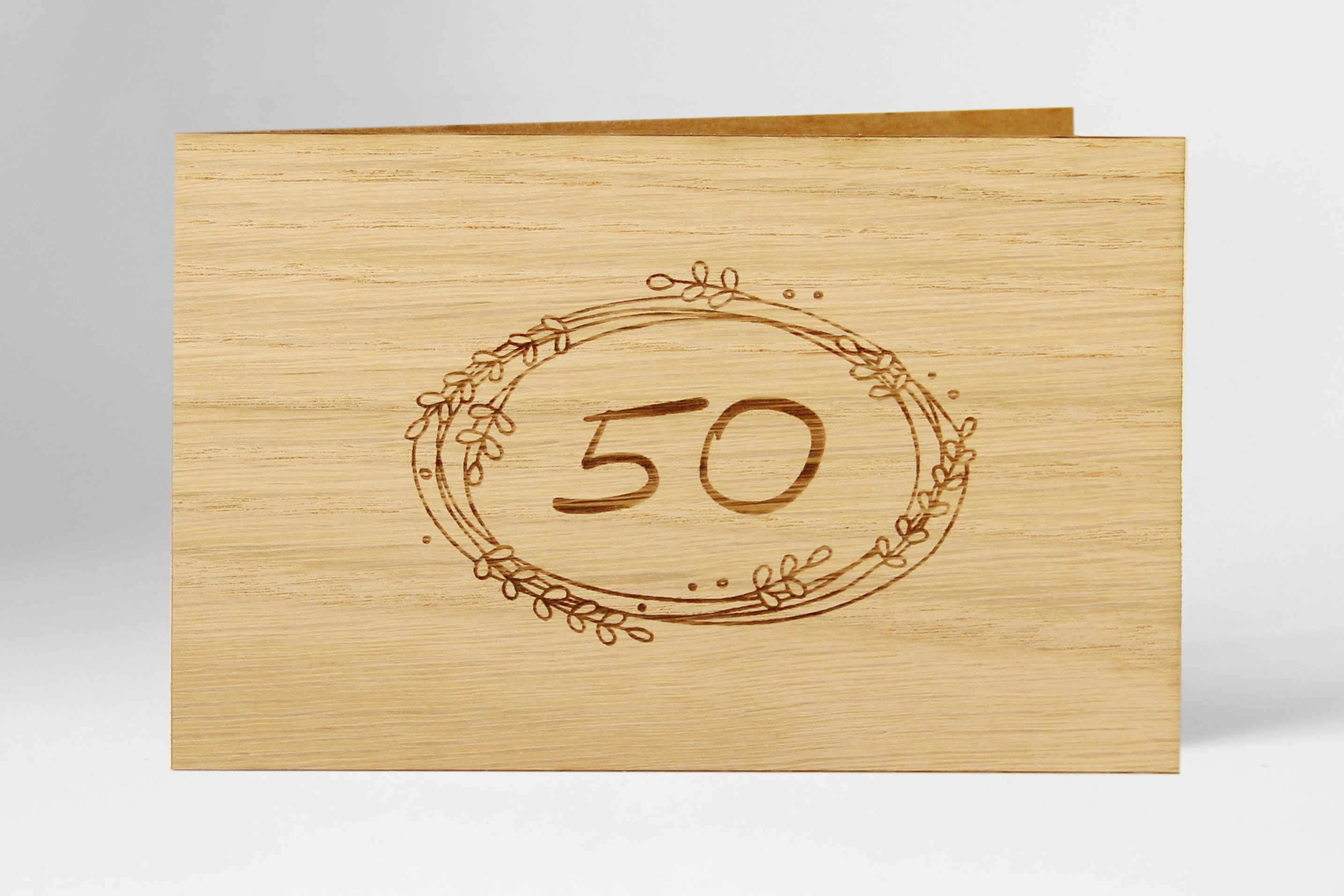Holzgrusskarten - Geburtstagskarte , Jahrestagskarte "50" aus Eiche
