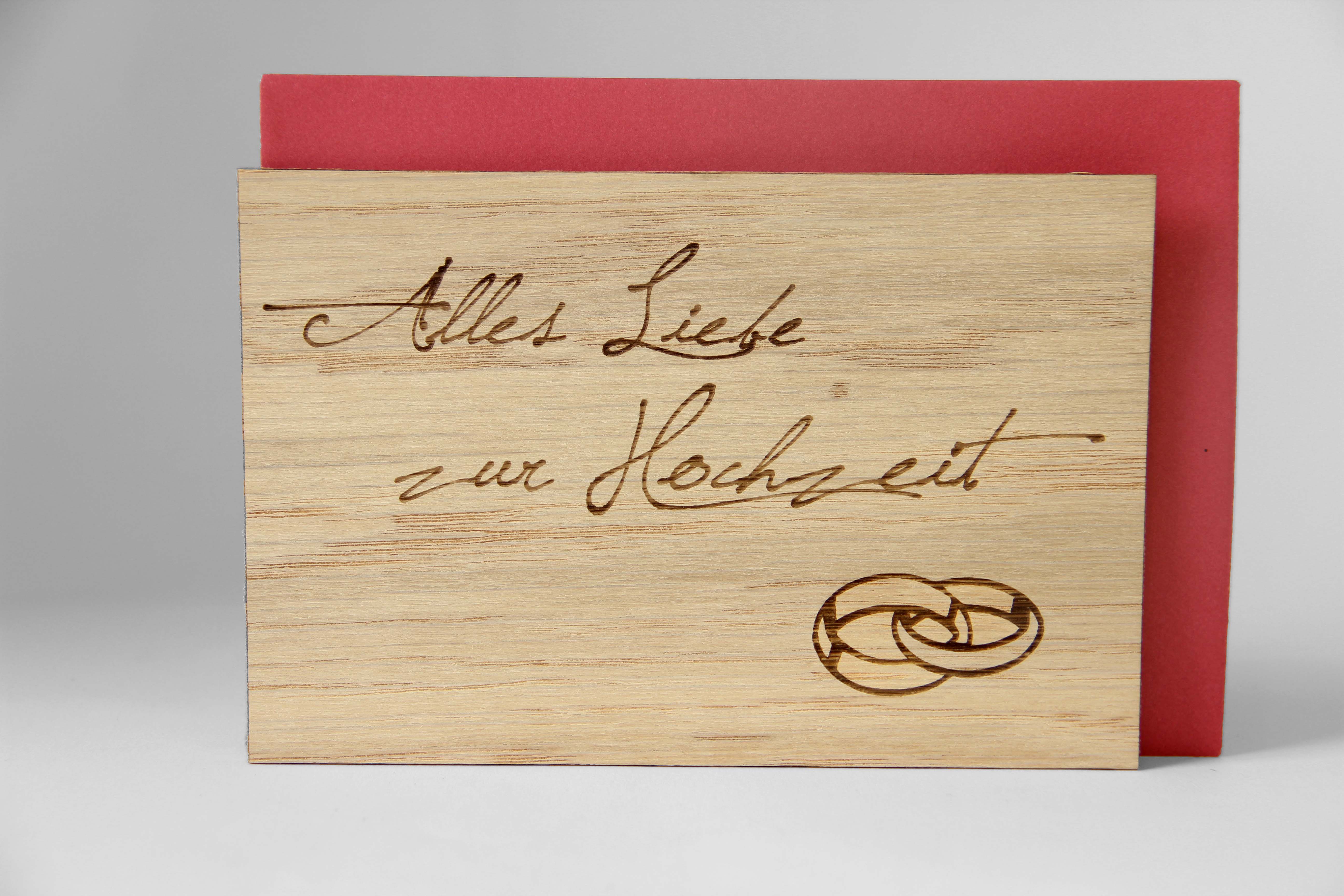 Holzgrusskarten - Hochzeitskarte "Alles Liebe zur Hochzeit" aus  Eiche, Eheringe