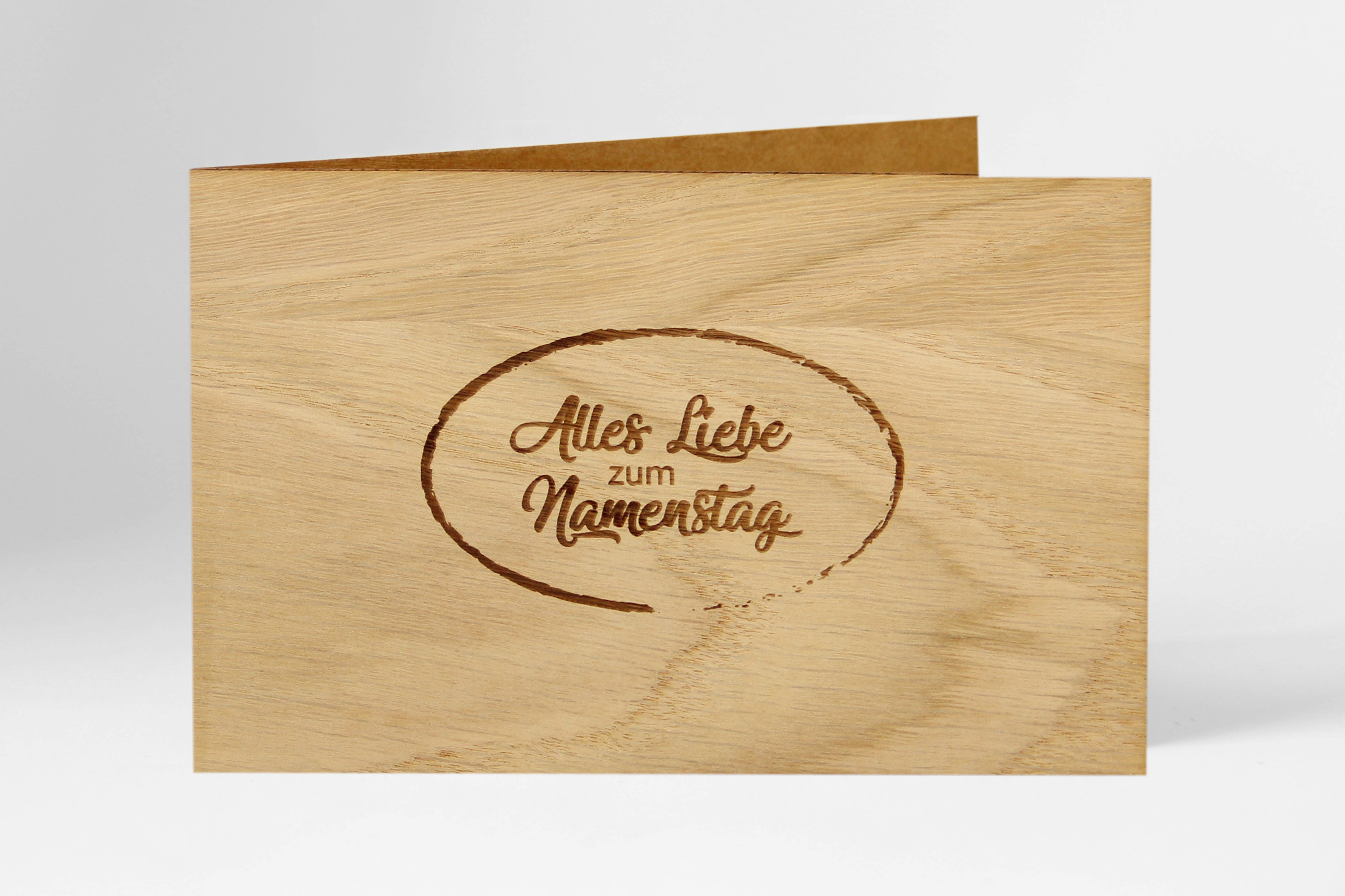 Holzgrusskarten - Namenstagskarte, Geschenkkarte "Alles Liebe zum Namenstag" aus Eiche
