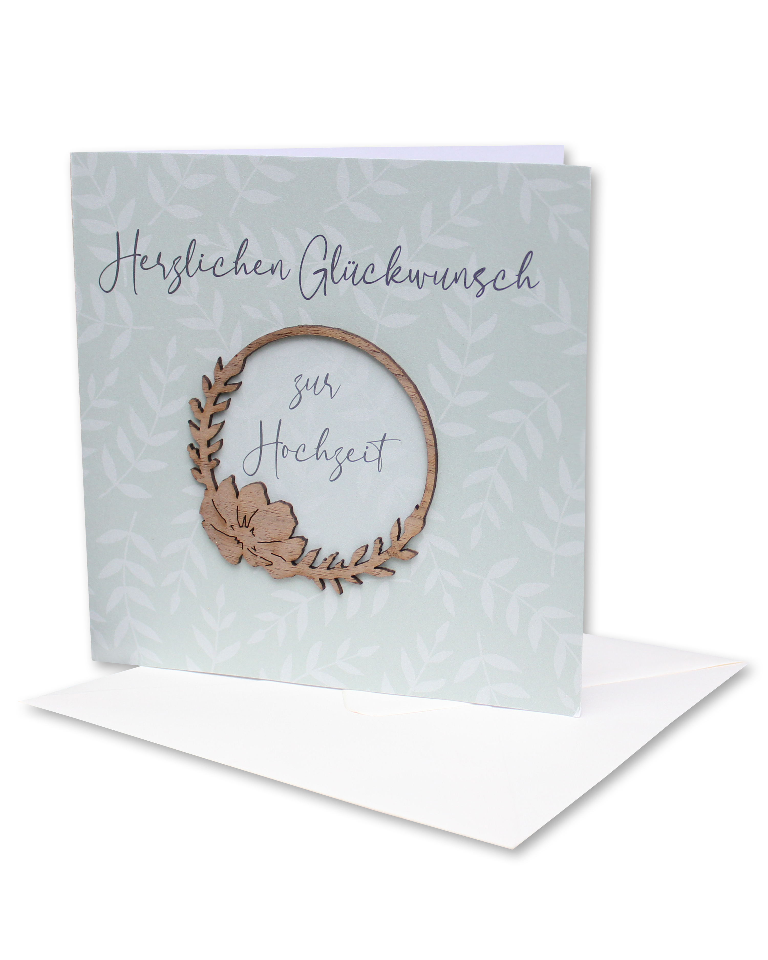 Holzgrusskarten - Hochzeitskarte "Herzlichen Glückwunsch zur Hochzeit" mit aufgeklebtem "Blumenring" aus Echtholz