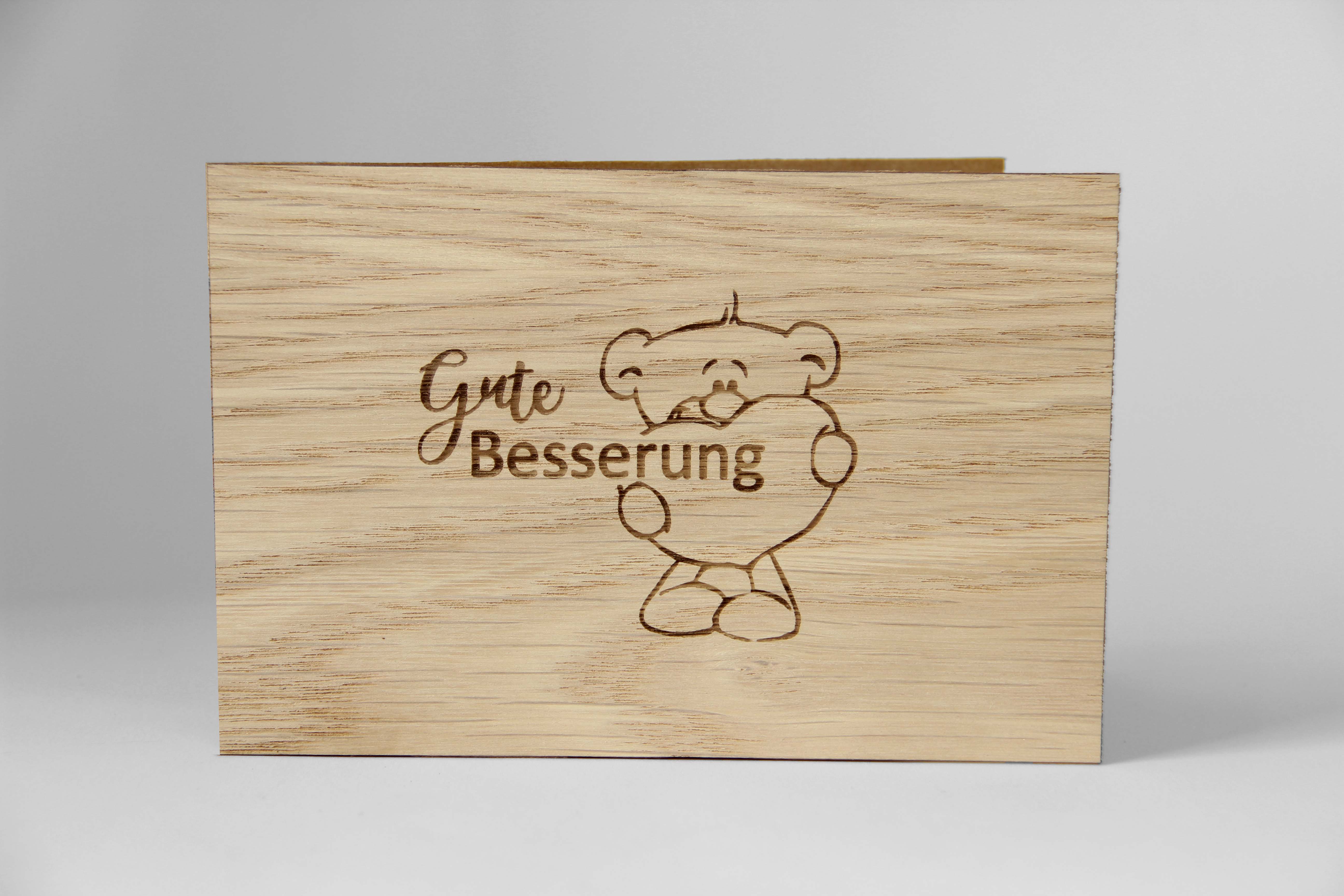 Holzgrusskarten - Genesungskarte "Gute Besserung" aus Nuss, Bär, Herz