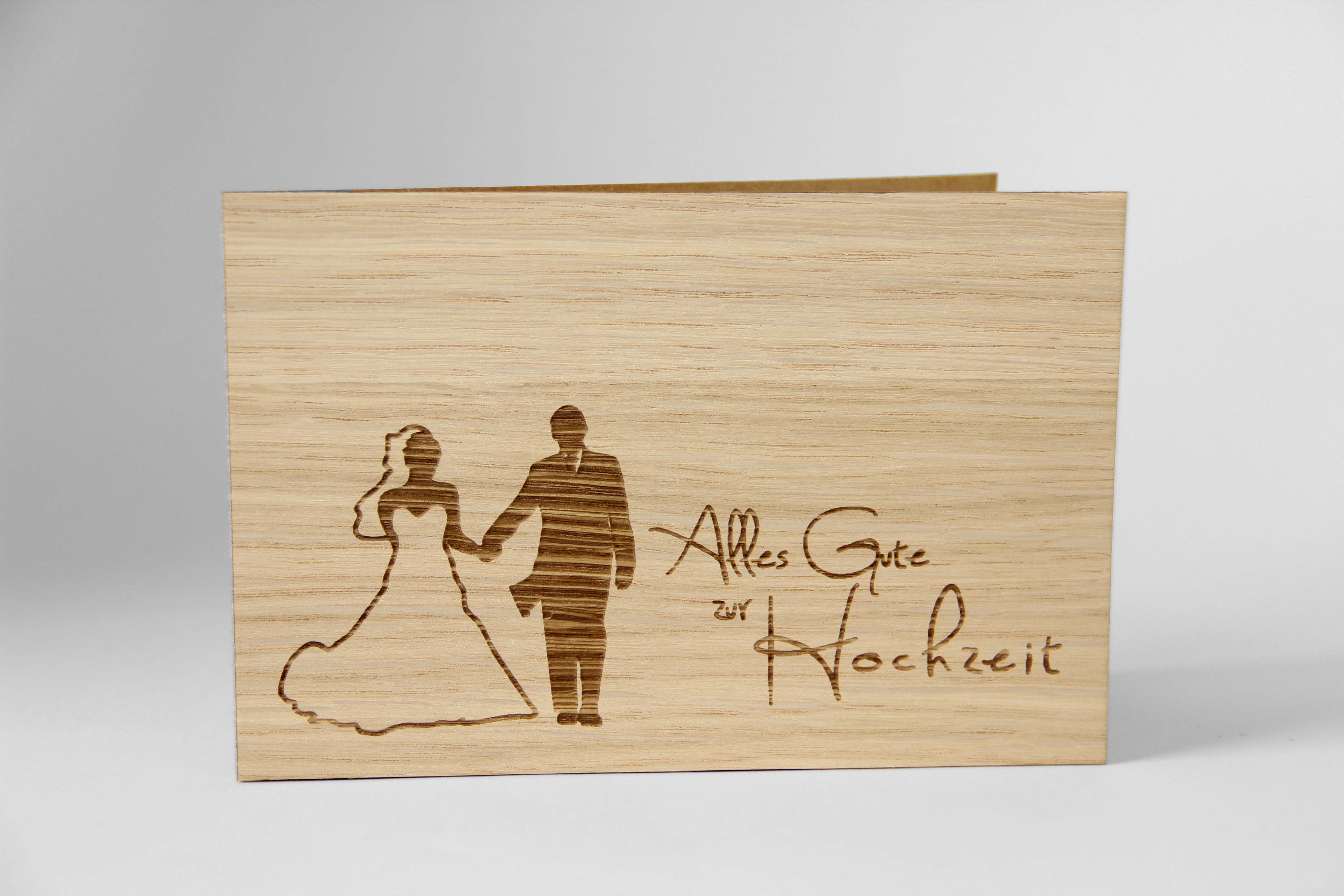 Holzgrusskarten - Hochzeitskarte "Alles Gute zur Hochzeit" aus Eiche, Brautpaar, Braut in Weiß