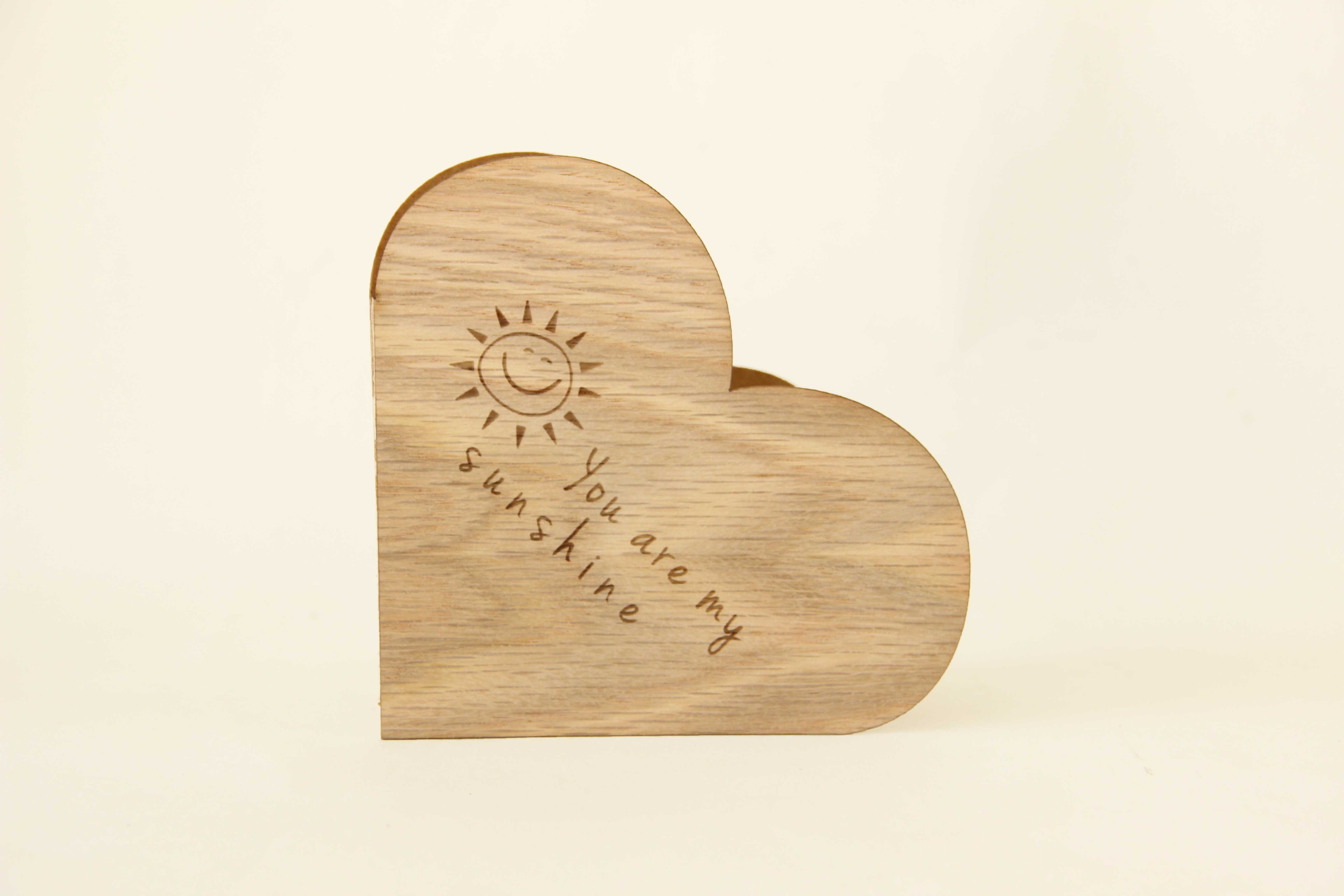 Holzgrusskarten - Herzkarte "You are my sunshine" aus Eiche, lachende Sonne, Dankeskarte, Geschenkkarte