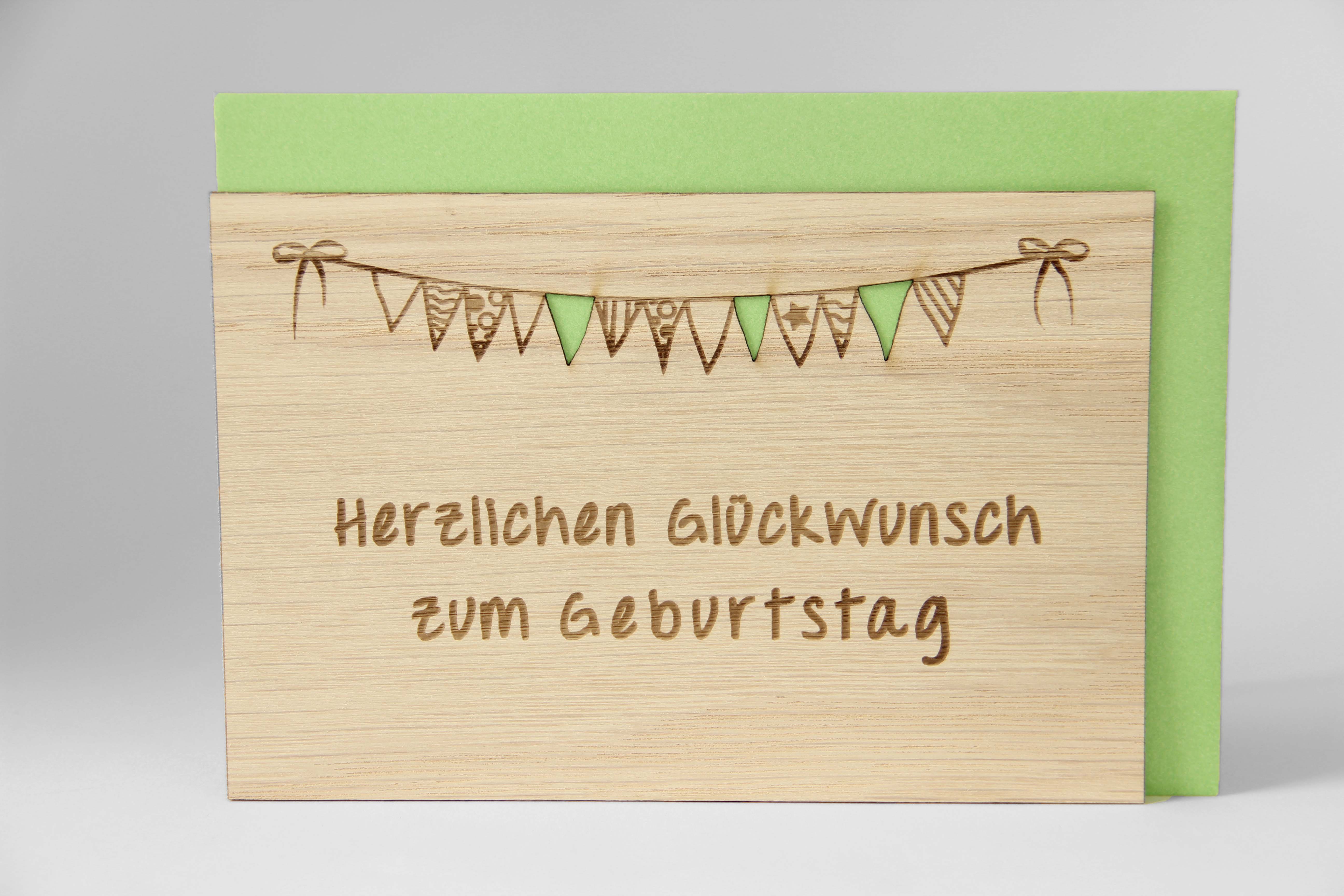 Holzgrusskarten - Geburtstagskarte "Herzlichen Glückwunsch zum Geburtstag" aus Eiche, Partydeko