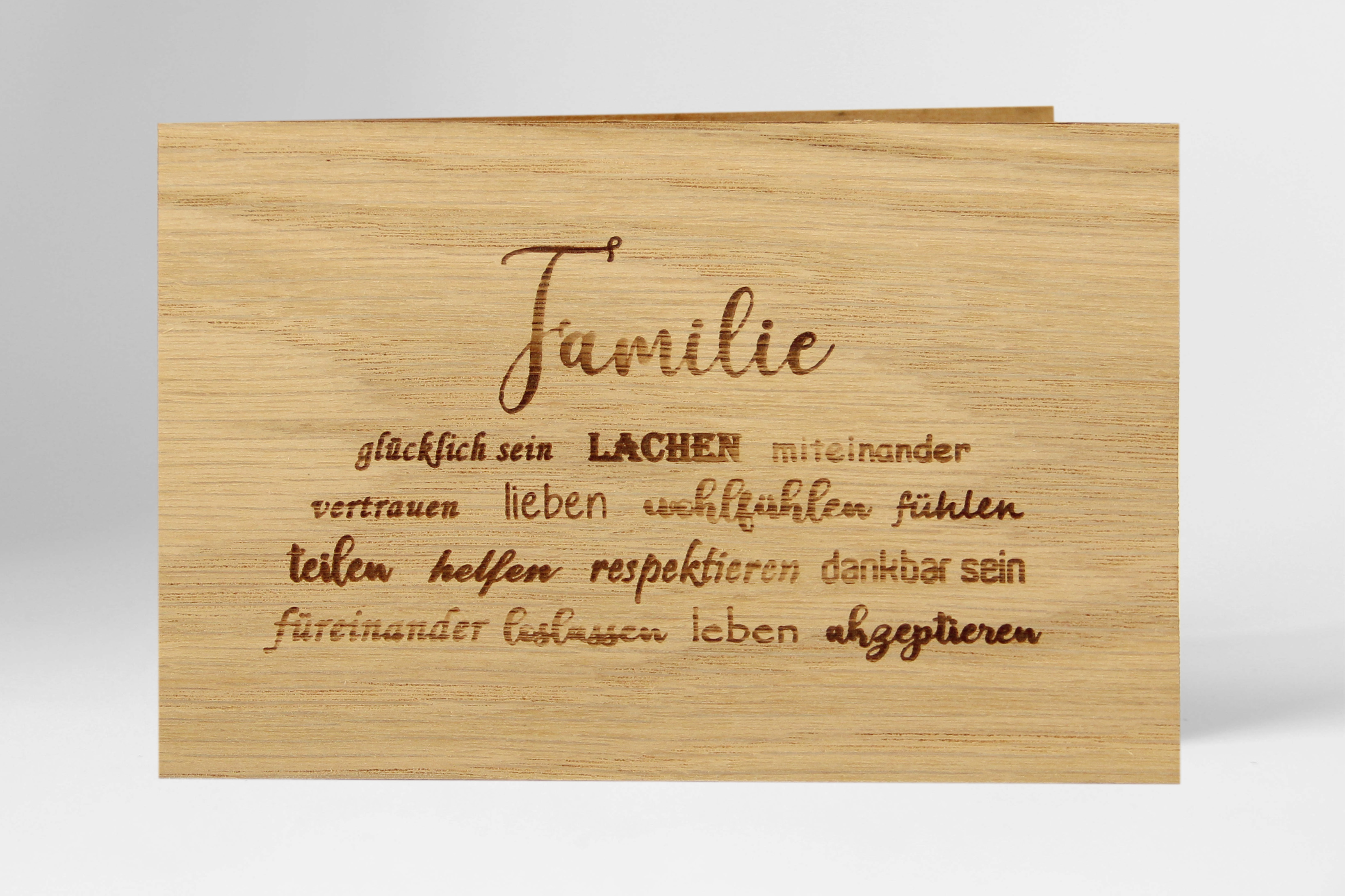 Holzgrusskarten - Geschenkkarte "Familie" aus Eiche, Dankeskarte