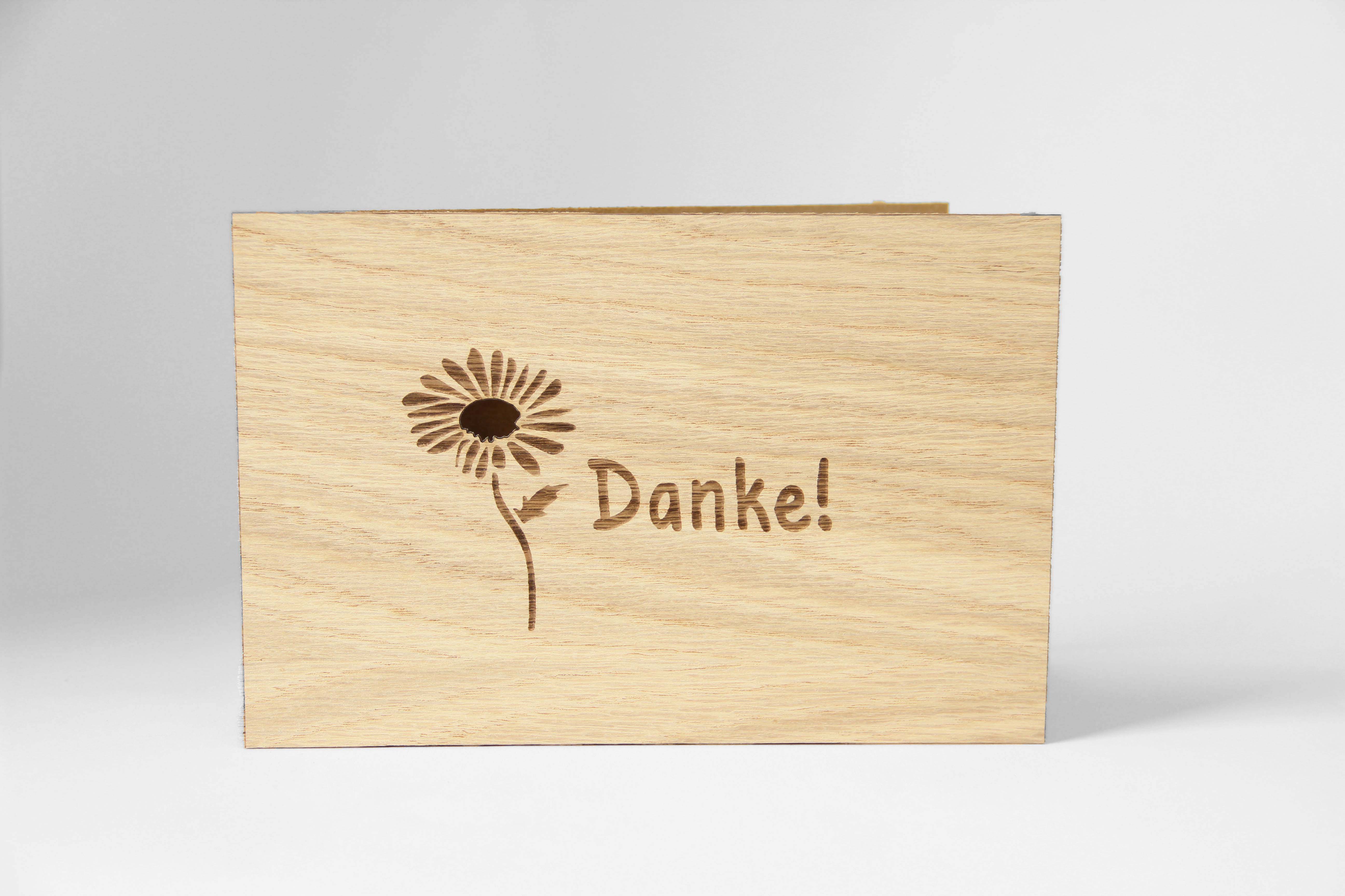 Holzgrusskarten - Dankeskarte "Danke" aus Eiche, Sonnenblume