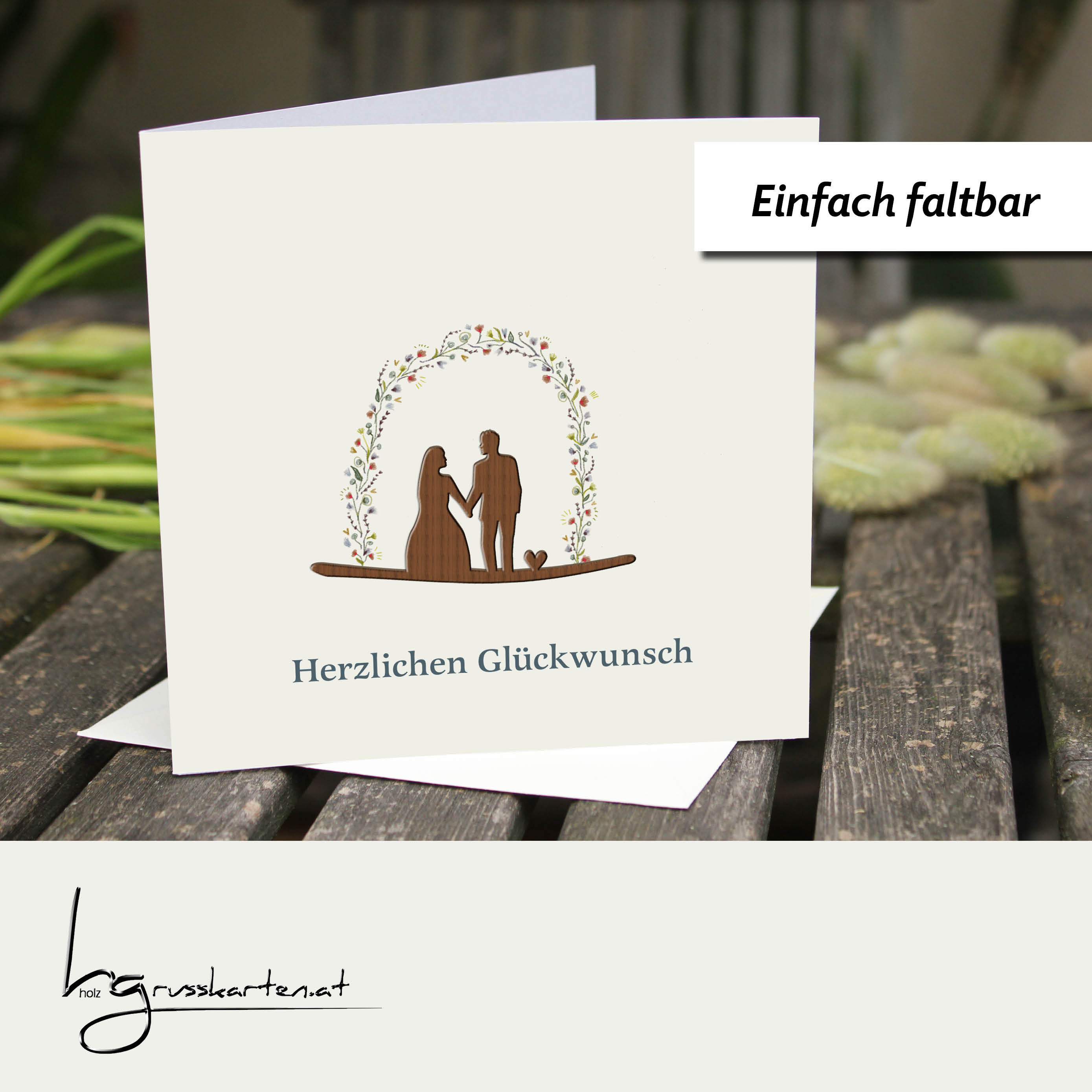 Holzgrusskarten - Hochzeitskarte "Herzlichen Glückwunsch" aus Recyclingkarton mit aufgeklebtem "Brautpaar" aus Nussholz