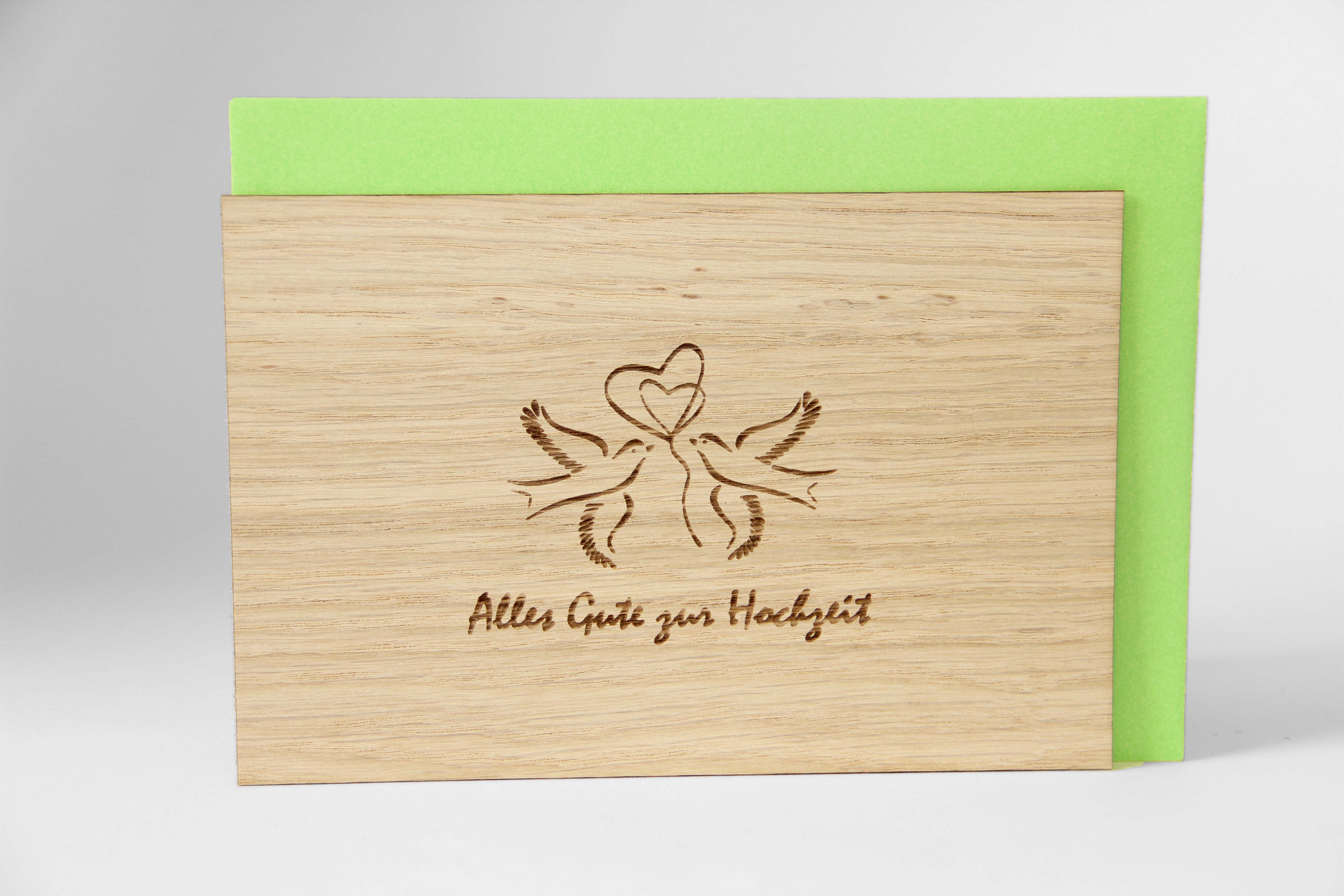 Holzgrusskarten - Hochzeitskarte "Alles Gute zur Hochzeit" aus Eiche, Tauben, Herzen