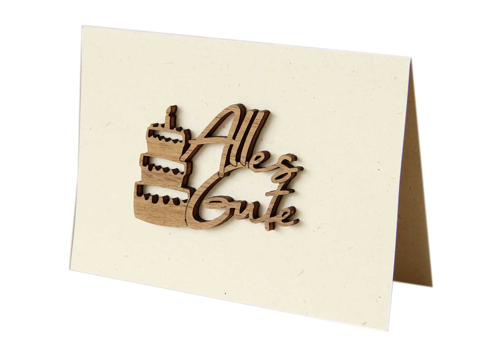 Holzgrusskarten - Papierkarte mit Schriftzug "Alles Gute" aus Nuss, Geburtstagstorte, Geburtstagskarte