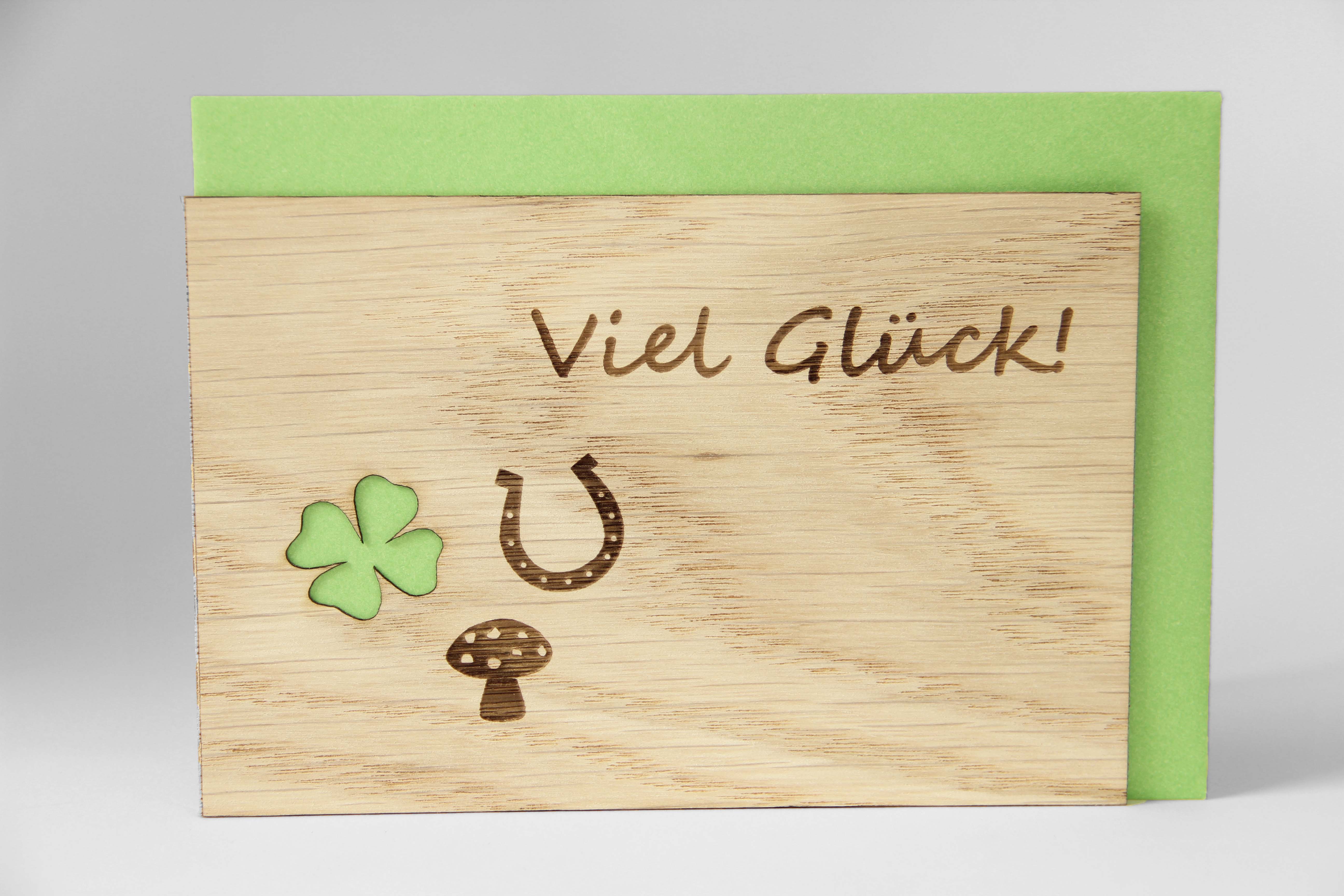 Holzgrusskarten - Geschenkkarte "Viel Glück!" aus Eiche, Silvester, Hufeisen, Kleeblatt, Fliegenpilz