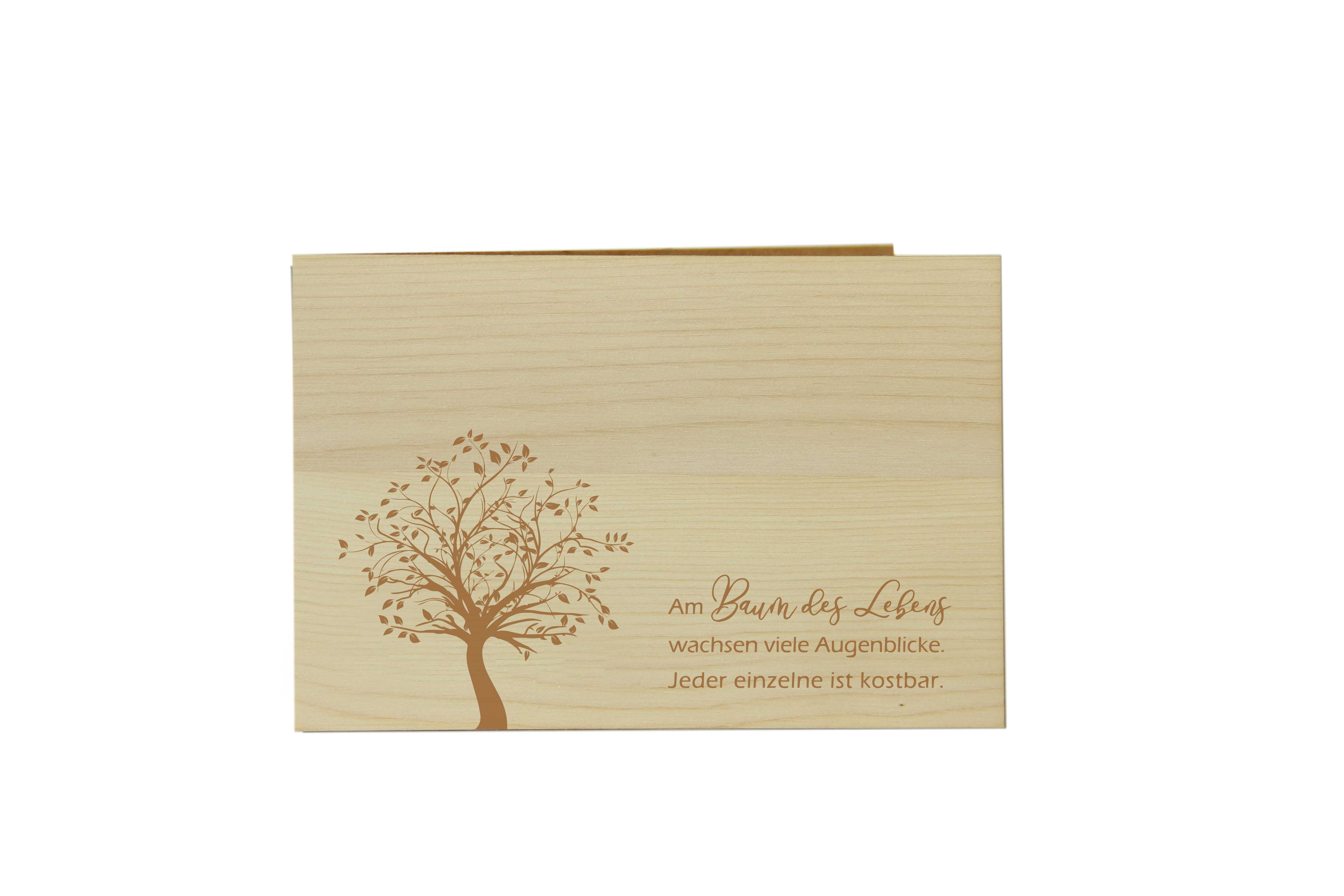 Holzgrusskarten - Geschenkkarte Spruchkarte "Am Baum des Lebens wachsen viele Augenblicke" aus Zirbe