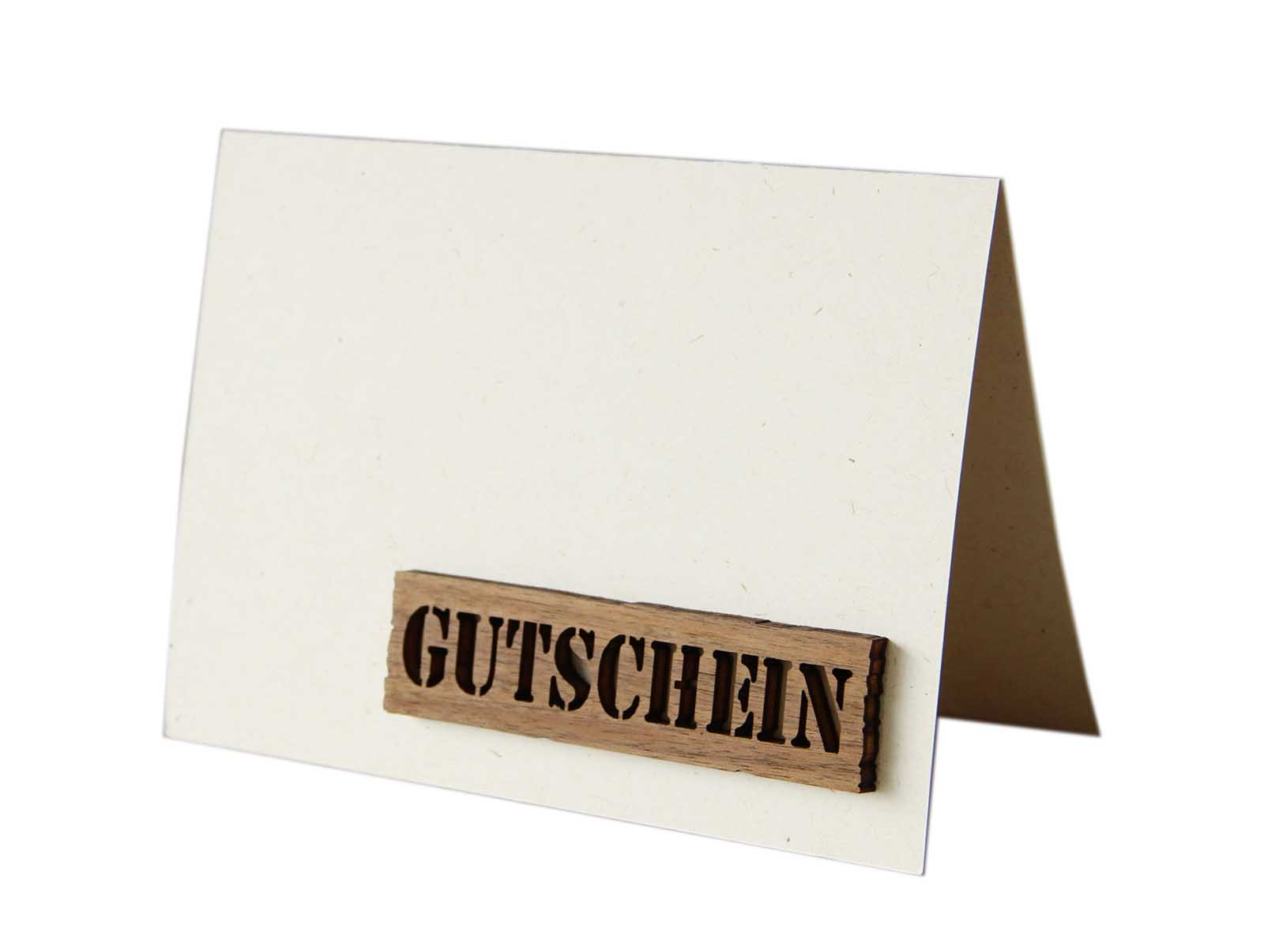 Holzgrusskarten - Papierkarte mit Schriftzug "Gutschein" aus Nuss, Gutscheinkarte