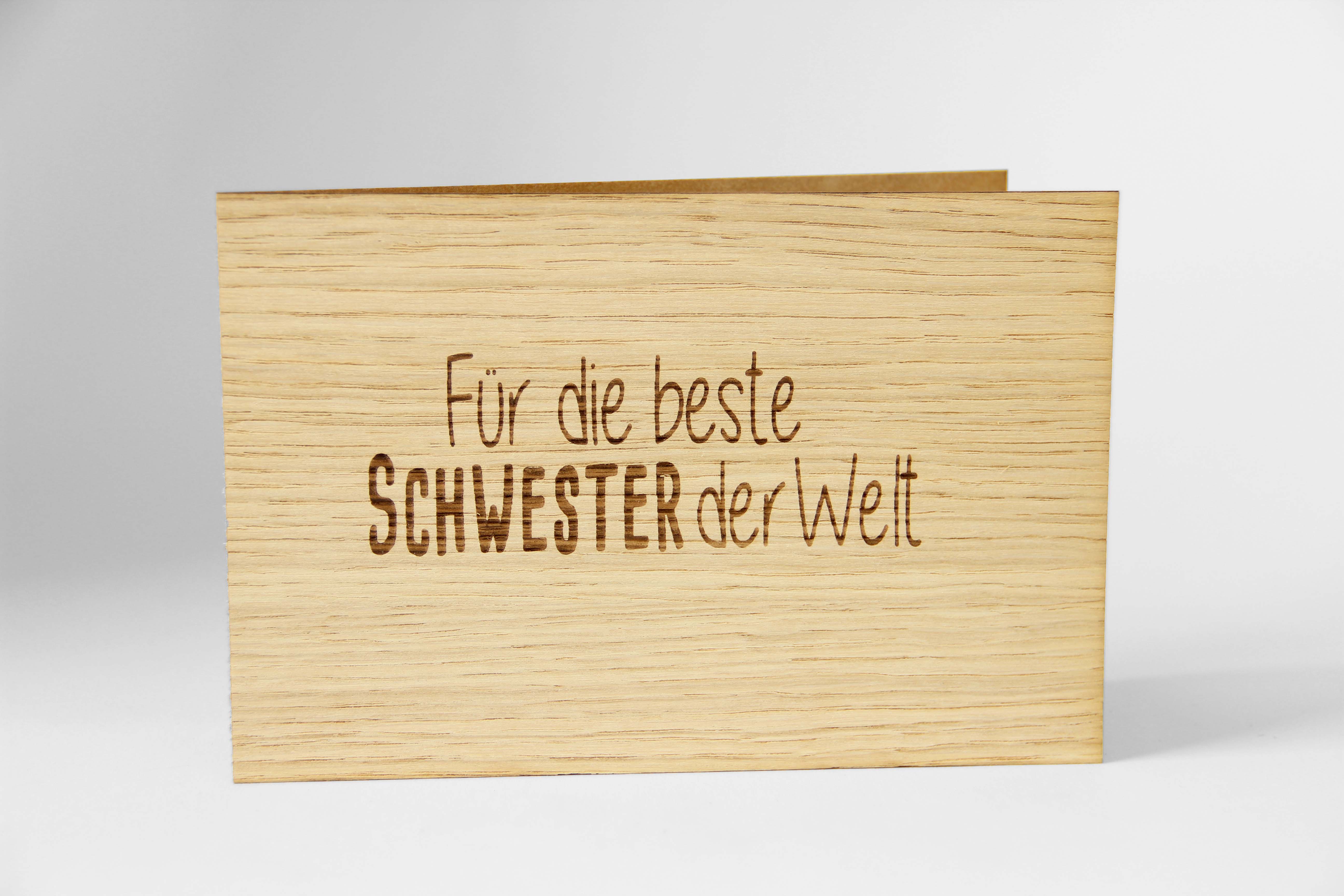 Holzgrusskarten - Geschenkkarte "Für die beste Schwester der Welt" aus Eiche, Dankeskarte