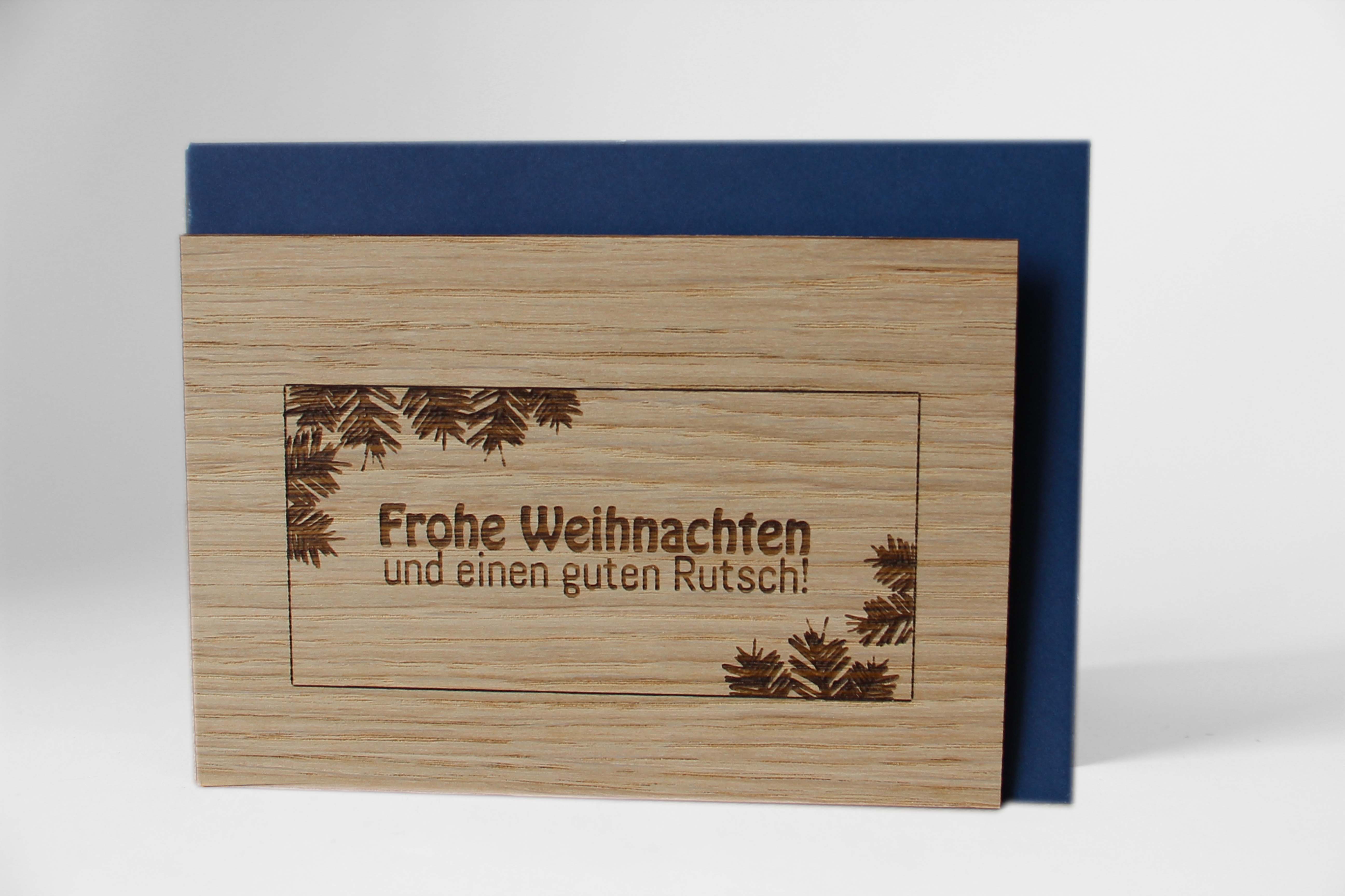 Holzgrusskarten - Weihnachtskarte "Frohe Weihnachten und einen guten Rutsch" aus Eiche, Tannenzweige, Zweige