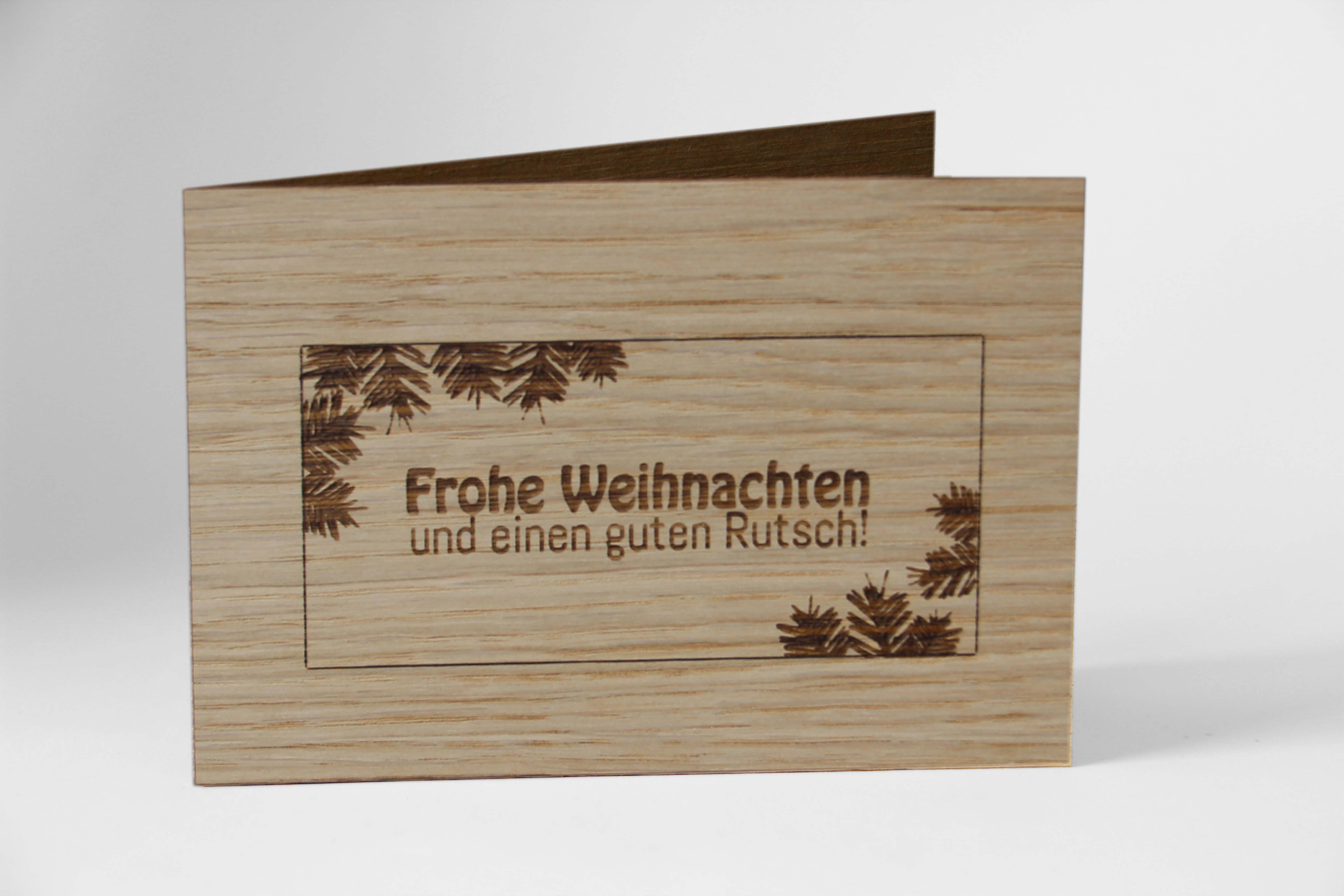 Holzgrusskarten - Weihnachtskarte "Frohe Weihnachten und einen guten Rutsch" aus Eiche, Tannenzweige, Zweige