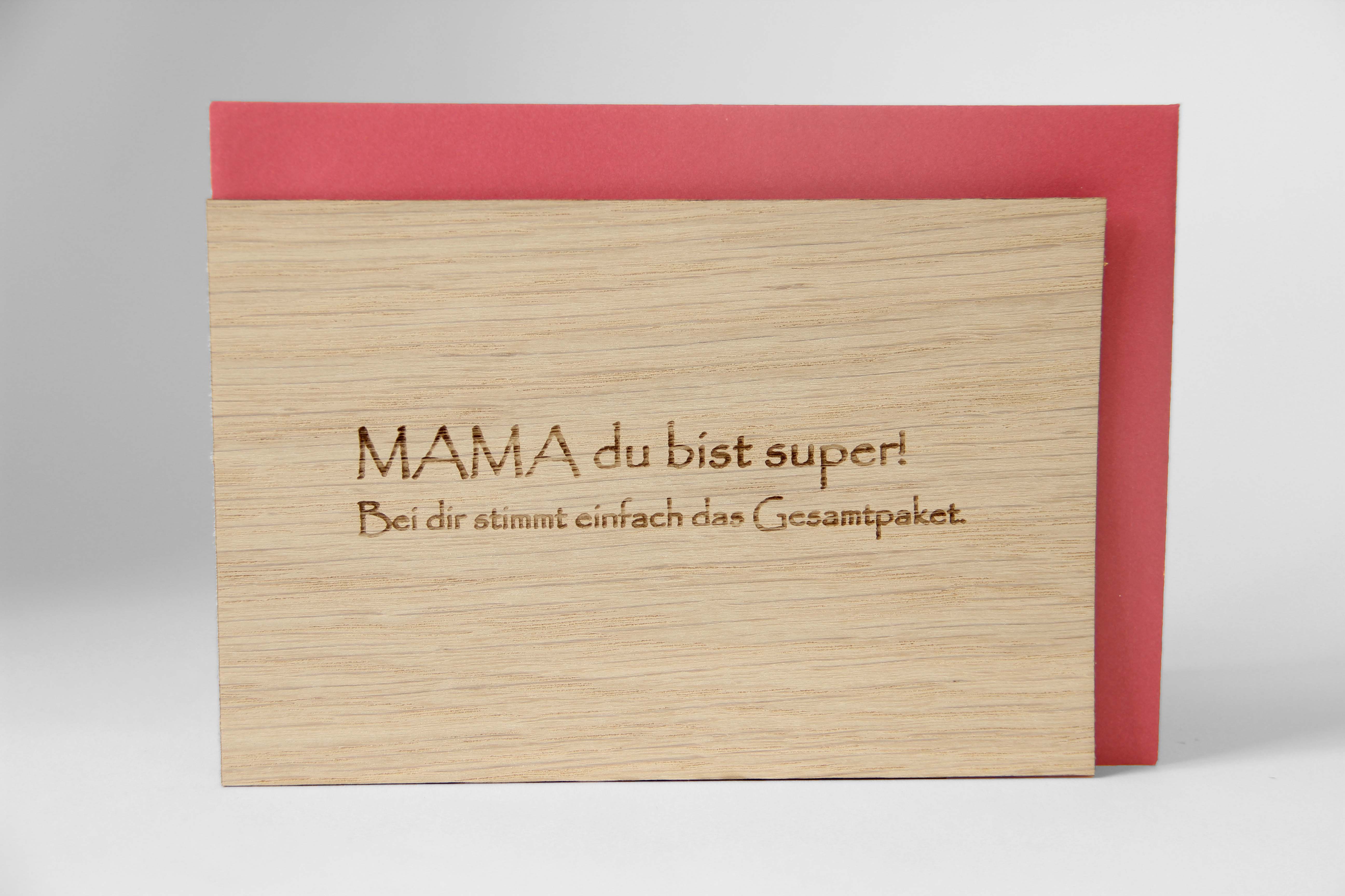 Holzgrusskarten - Geschenkkarte "Mama du bist super" aus Eiche, Dankeskarte