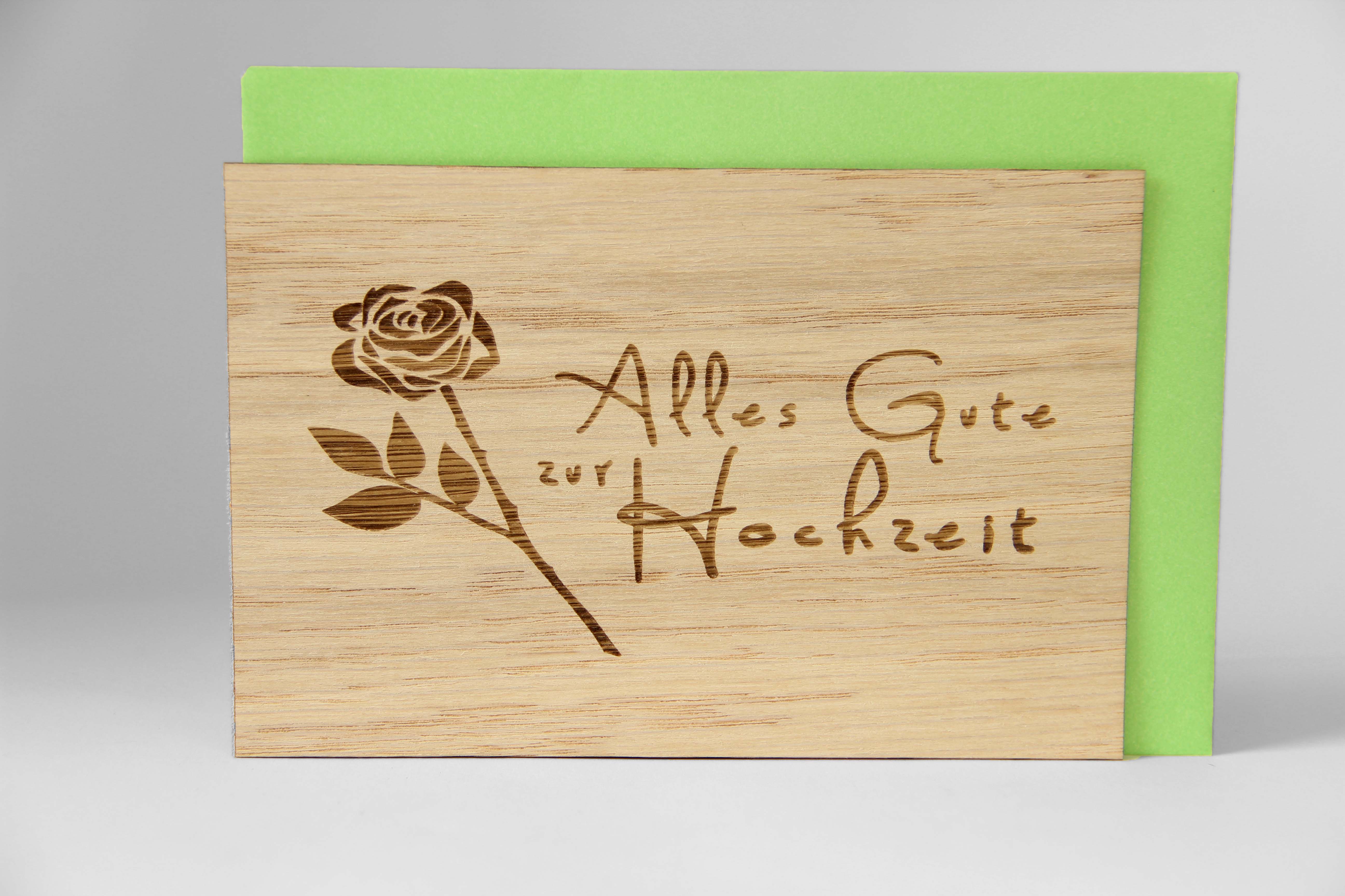 Holzgrusskarten - Hochzeitskarte "Alles Gute zur Hochzeit" aus  Eiche, Rose