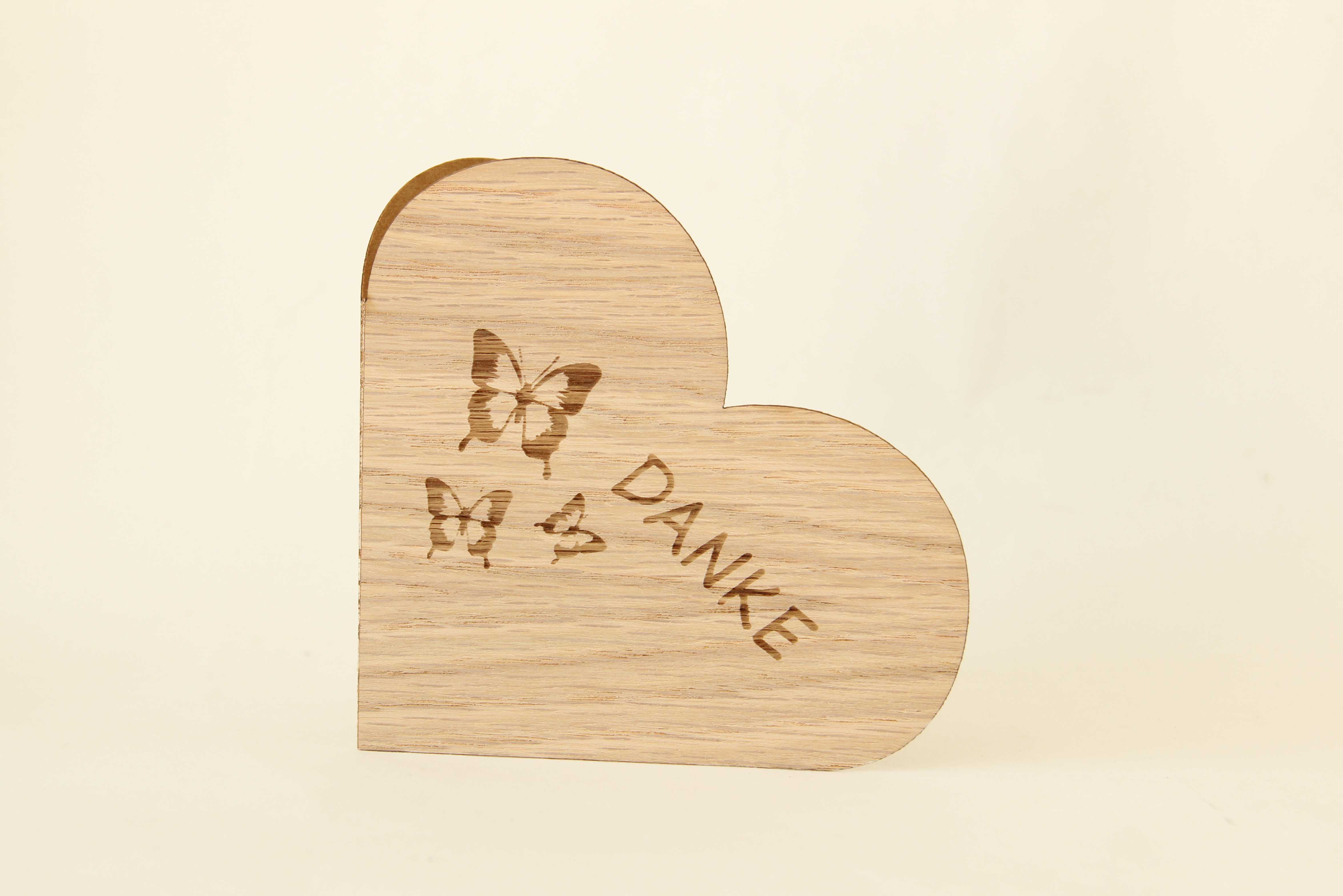 Holzgrusskarten - Herzkarte "DANKE" aus Eiche, Schmetterlinge, Dankeskarte, Geschenkkarte