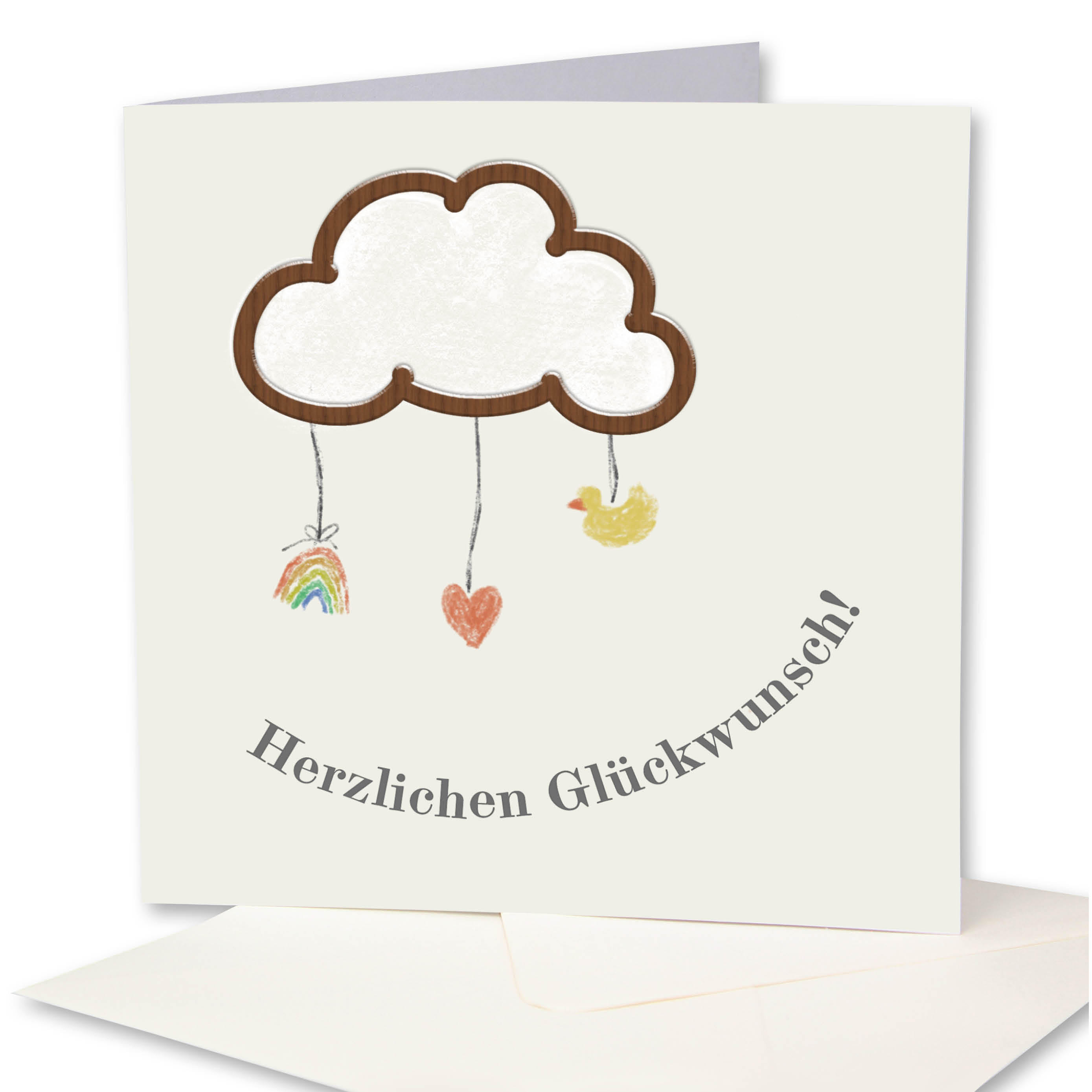Holzgrusskarten - Geburtskarte, Babykarte "Herzlichen Glückwunsch!" aus Recyclingkarton mit aufgeklebter "Wolke" aus Nussholz