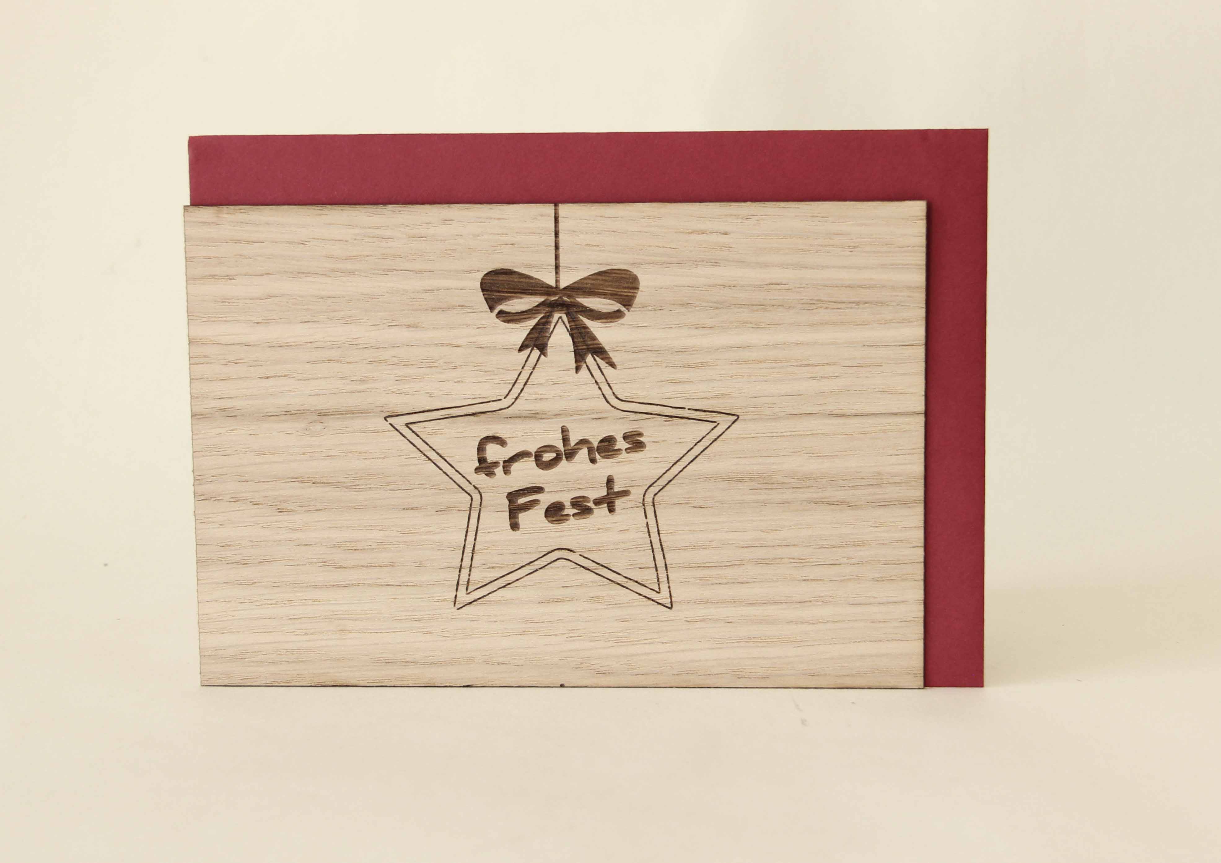 Holzgrusskarten - Weihnachtskarte "Frohes Fest" aus Eiche, Weihnachtsstern