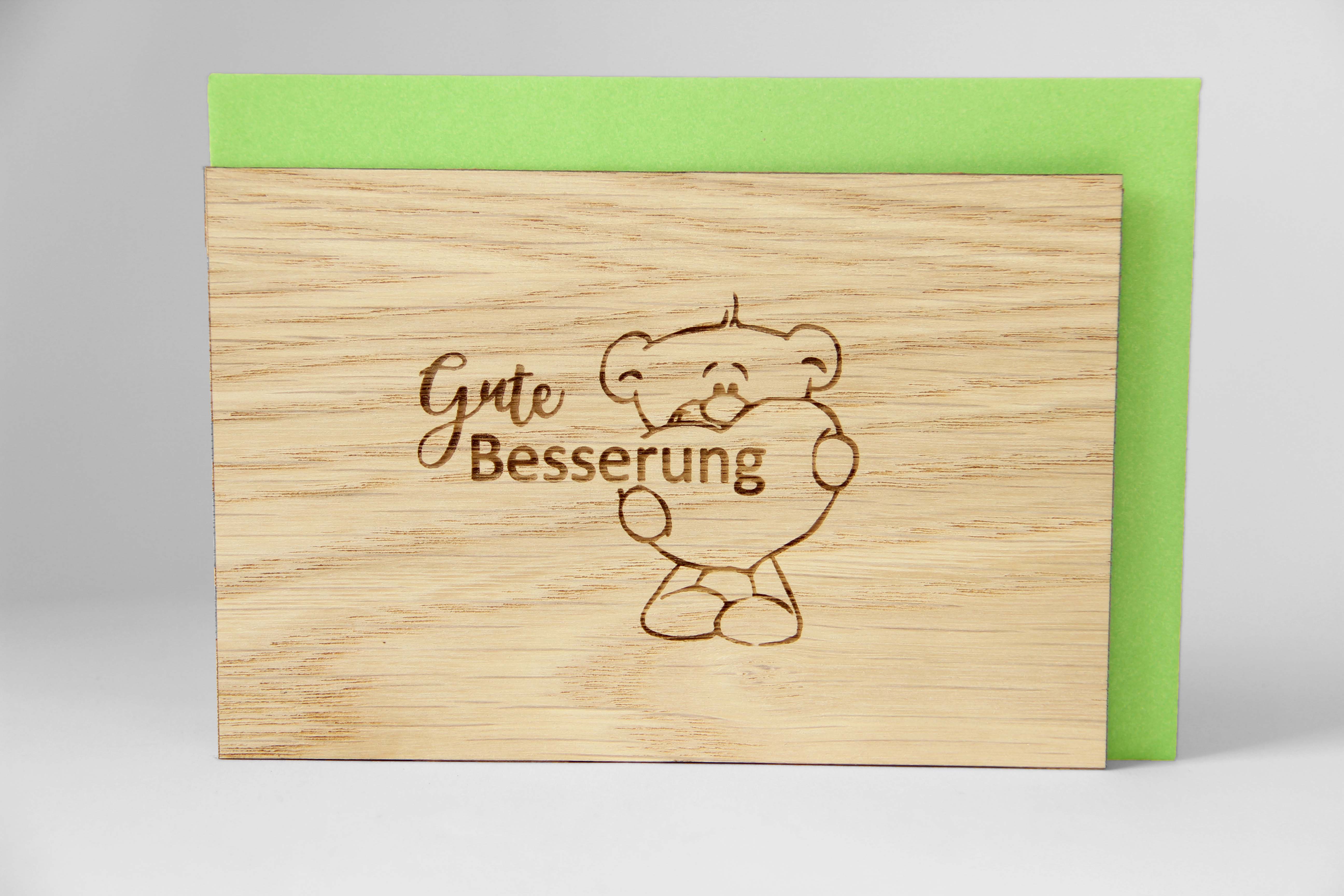 Holzgrusskarten - Genesungskarte "Gute Besserung" aus Nuss, Bär, Herz