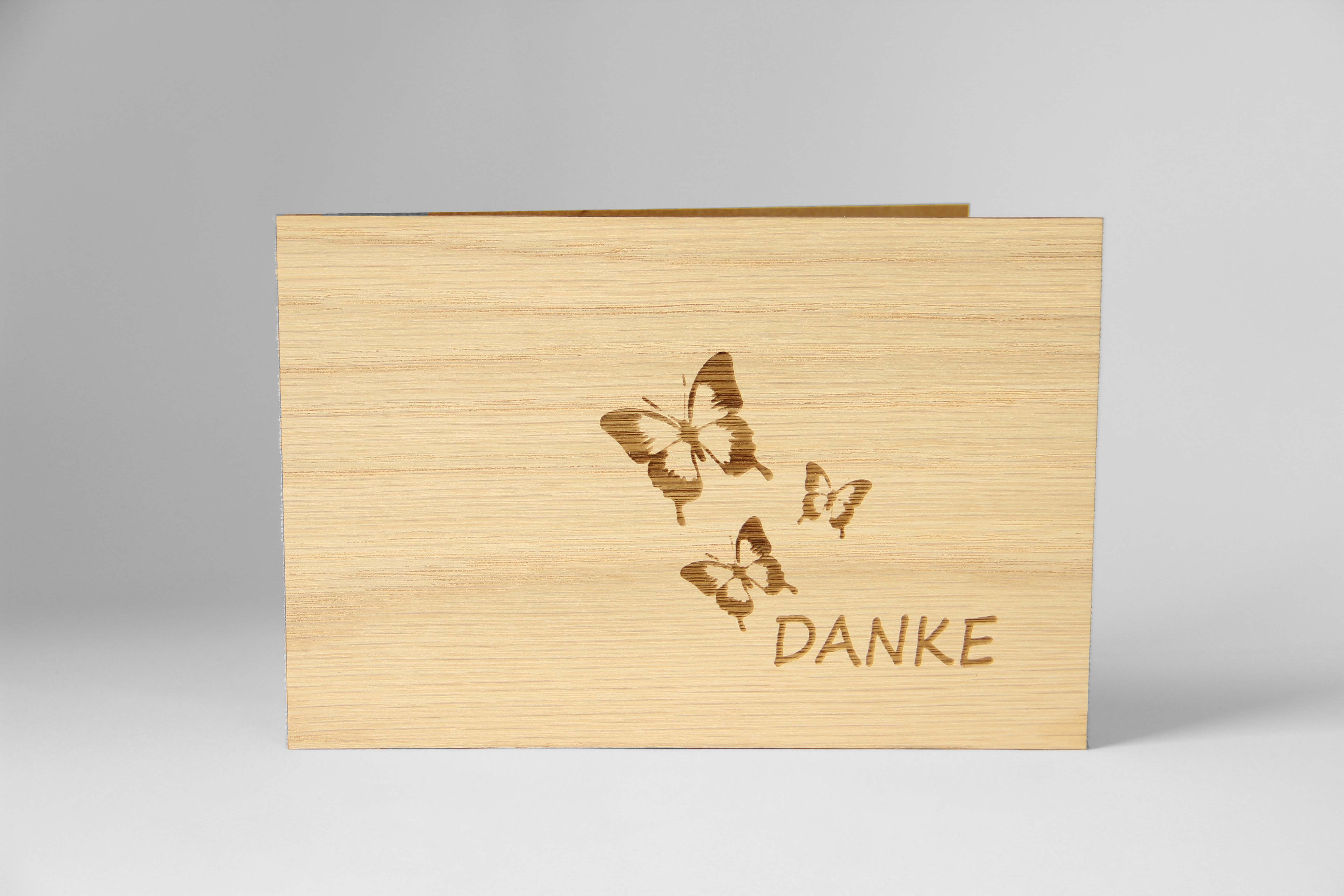 Holzgrusskarten - Dankeskarte "Danke" aus Eiche, Schmetterling