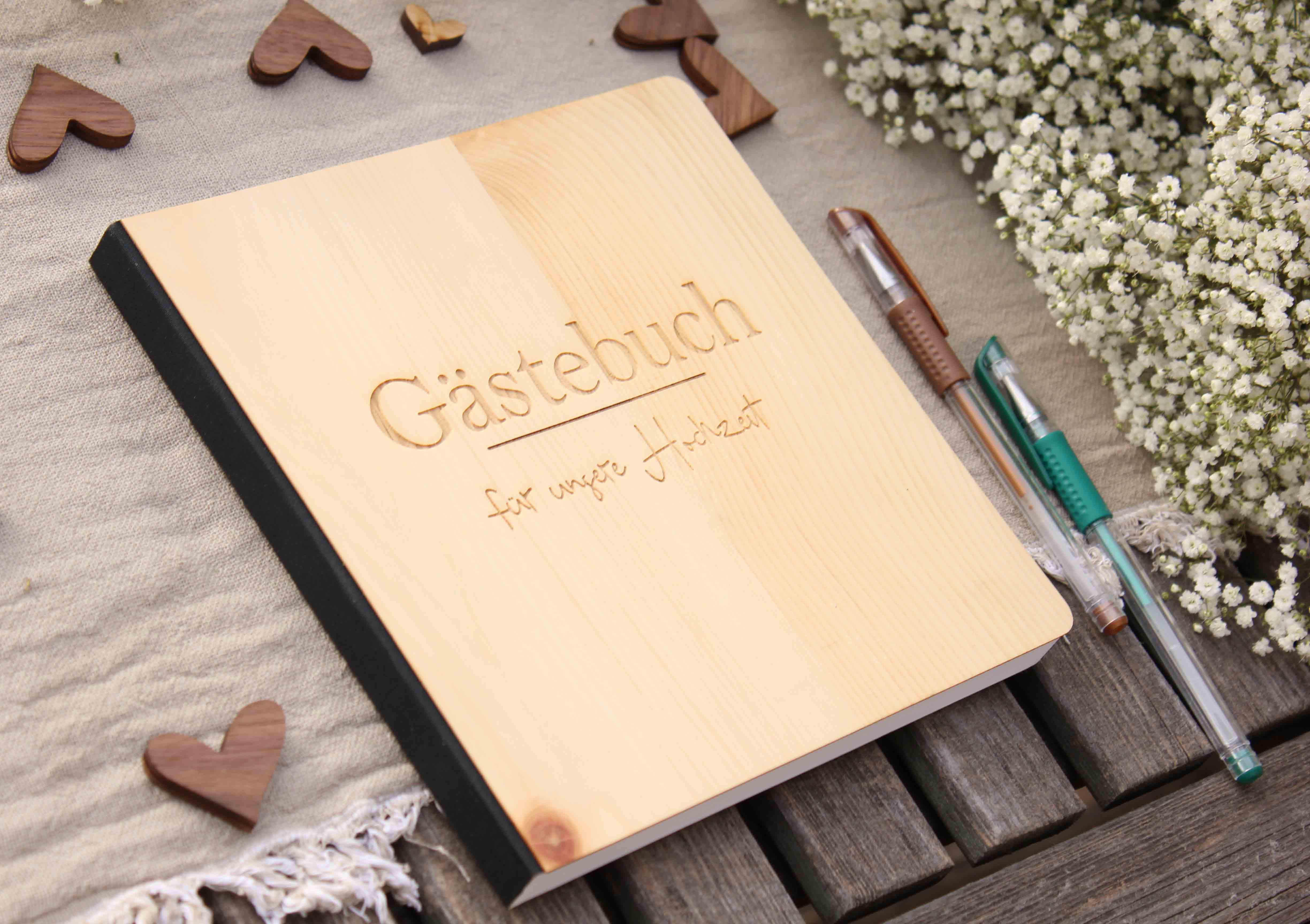 Holzgrusskarten - Gästebuch mit Zirbencover "Gästebuch für unsere Hochzeit", Geschenk, Hochzeit, Party, Feier