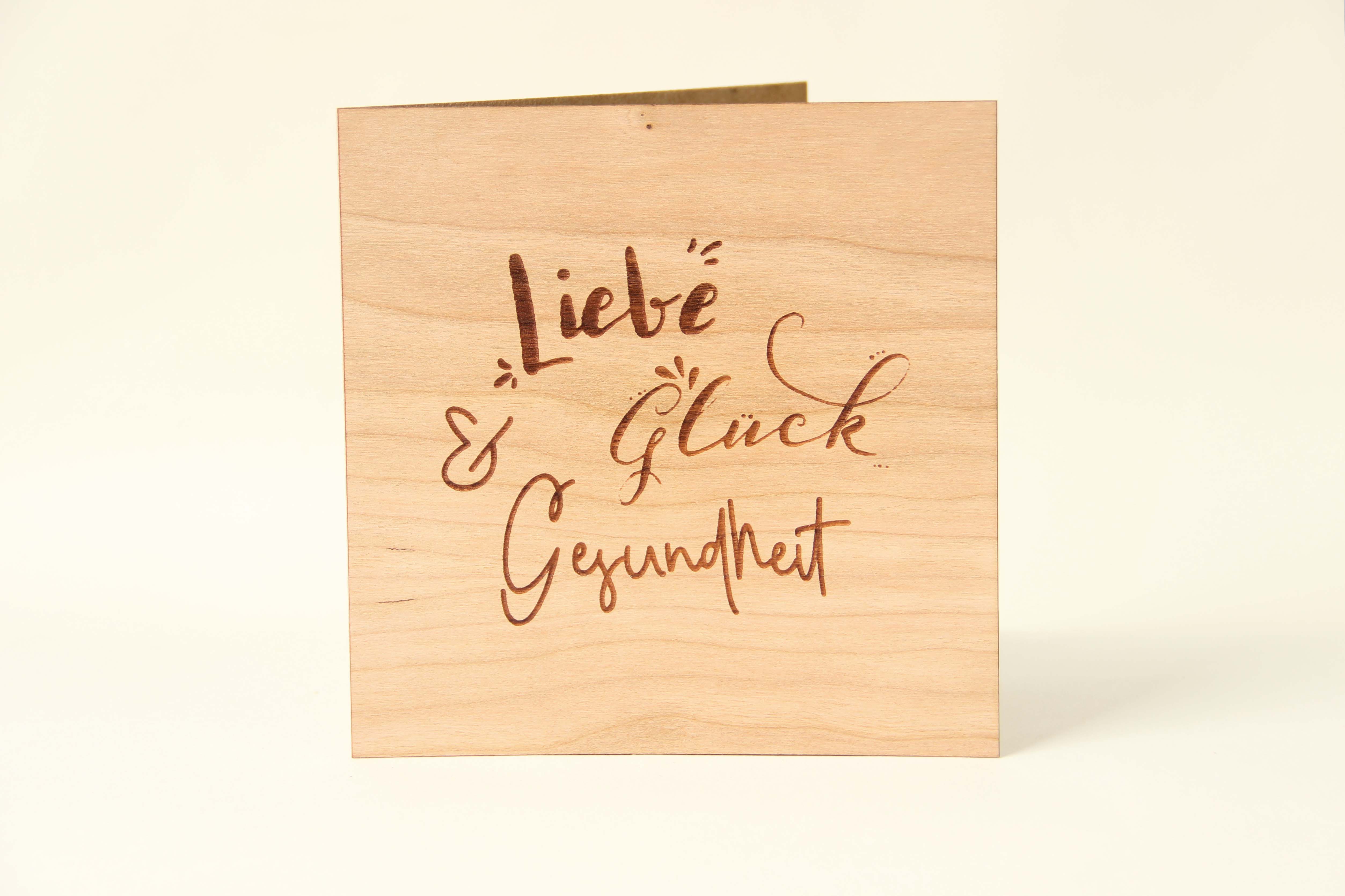 Holzgrusskarten - Holzgrusskarte Geburtstag "Liebe Glück & Gesundheit", Kirsche