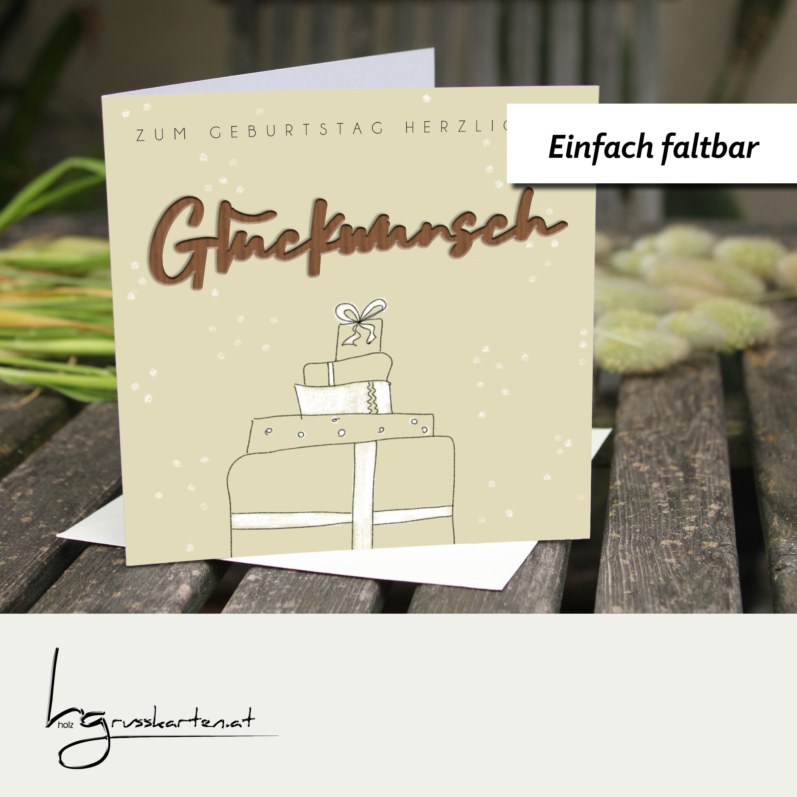Holzgrusskarten - Geburtstagskarte "Geschenkpakete - Zum Geburtstag herzlichen" aus Recyclingkarton mit aufgeklebtem "Glückwunsch" aus Nussholz