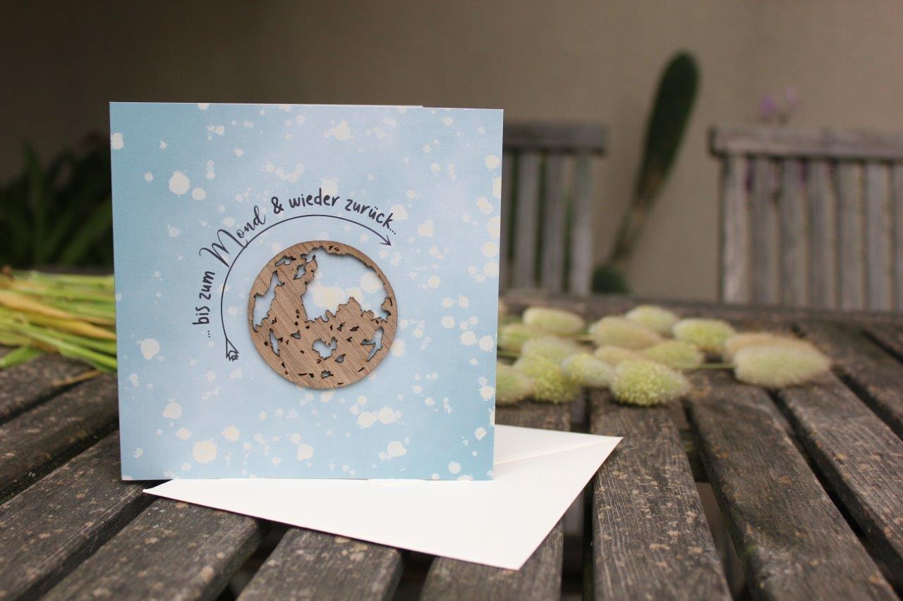 Original Holzgrusskarte - Geschenkkarte für eine besondere Überraschung oder als Dankeschön, Motiv "Mond", Freundschaft, Liebe, Billet, Glückwunschkarte, Postkarte