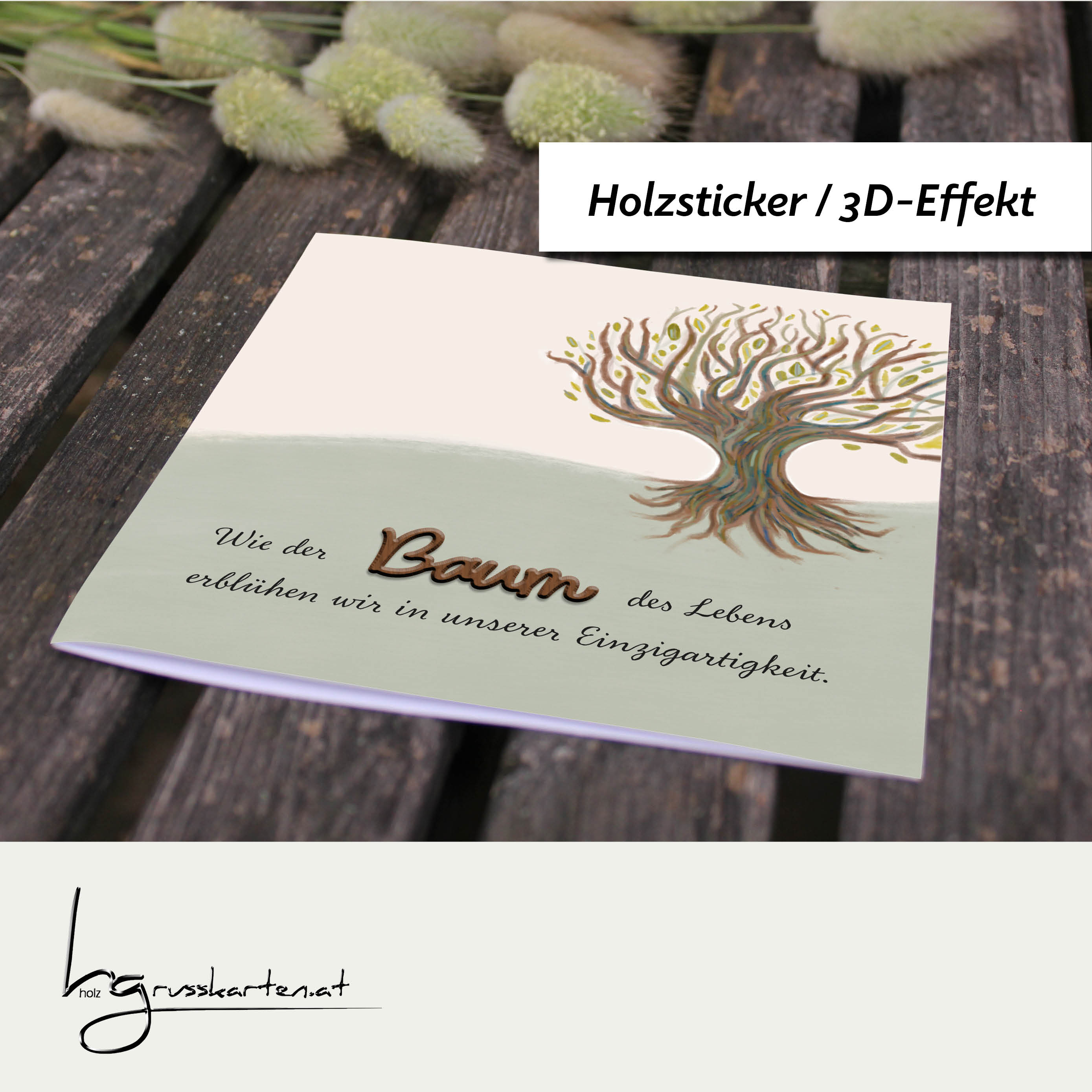 Holzgrusskarten - Geschenkkarte, Glückwunschkarte "Baum des Lebens - Einzigartigkeit" aus Recyclingkarton mit aufgeklebtem "Baum" aus Nussholz