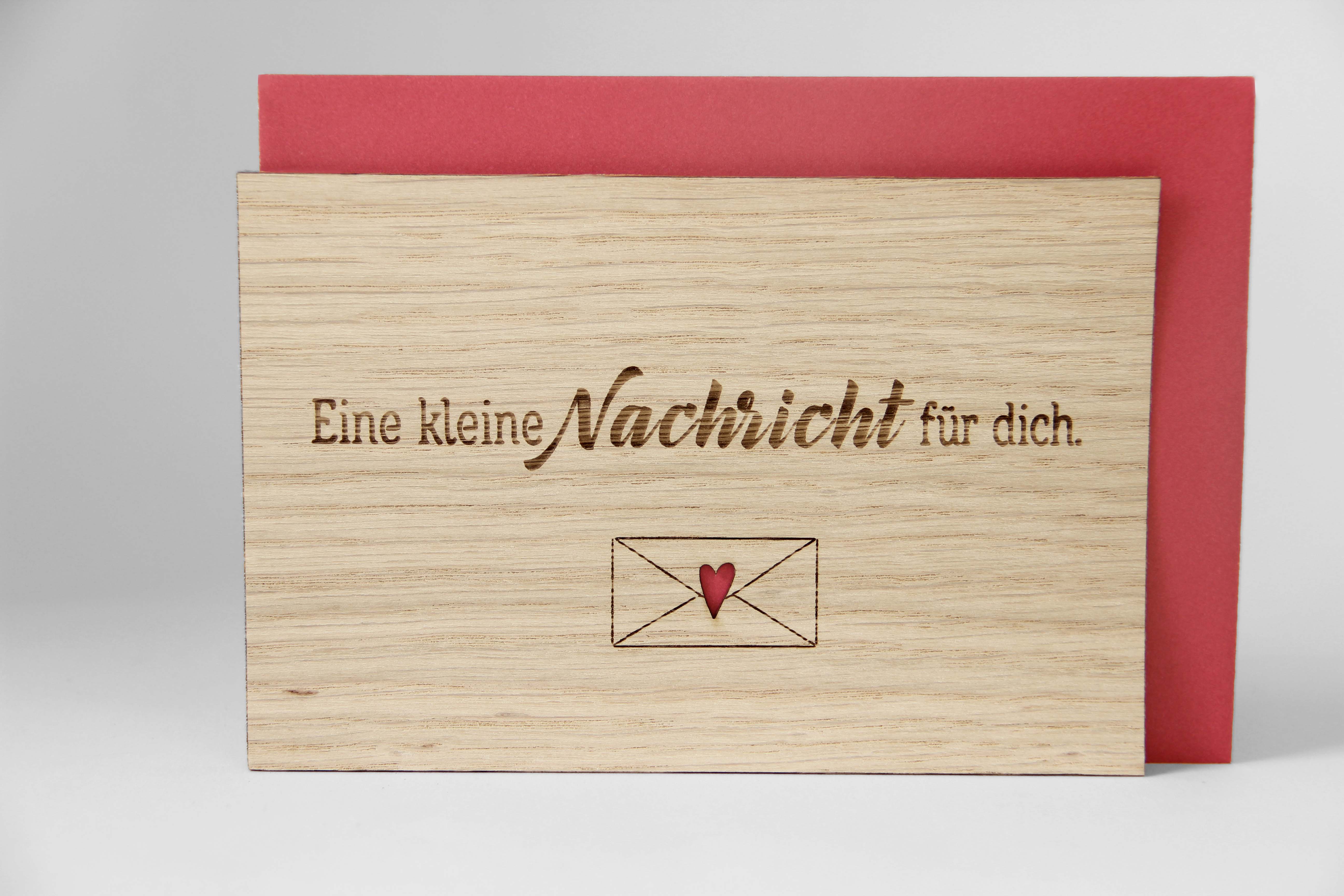 Holzgrusskarten - Geschenkkarte "Eine kleine Nachricht für dich" aus Eiche, Briefkuvert, Herz