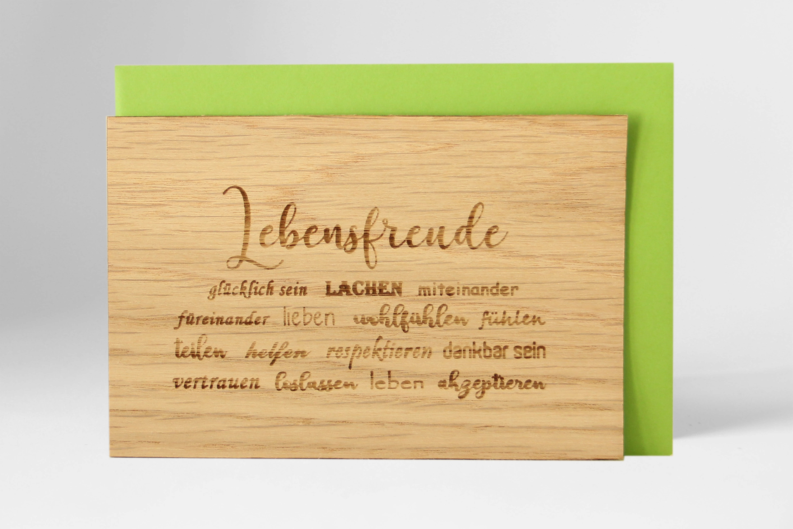 Holzgrusskarten - Geschenkkarte "Lebensfreude" aus Eiche, Dankeskarte