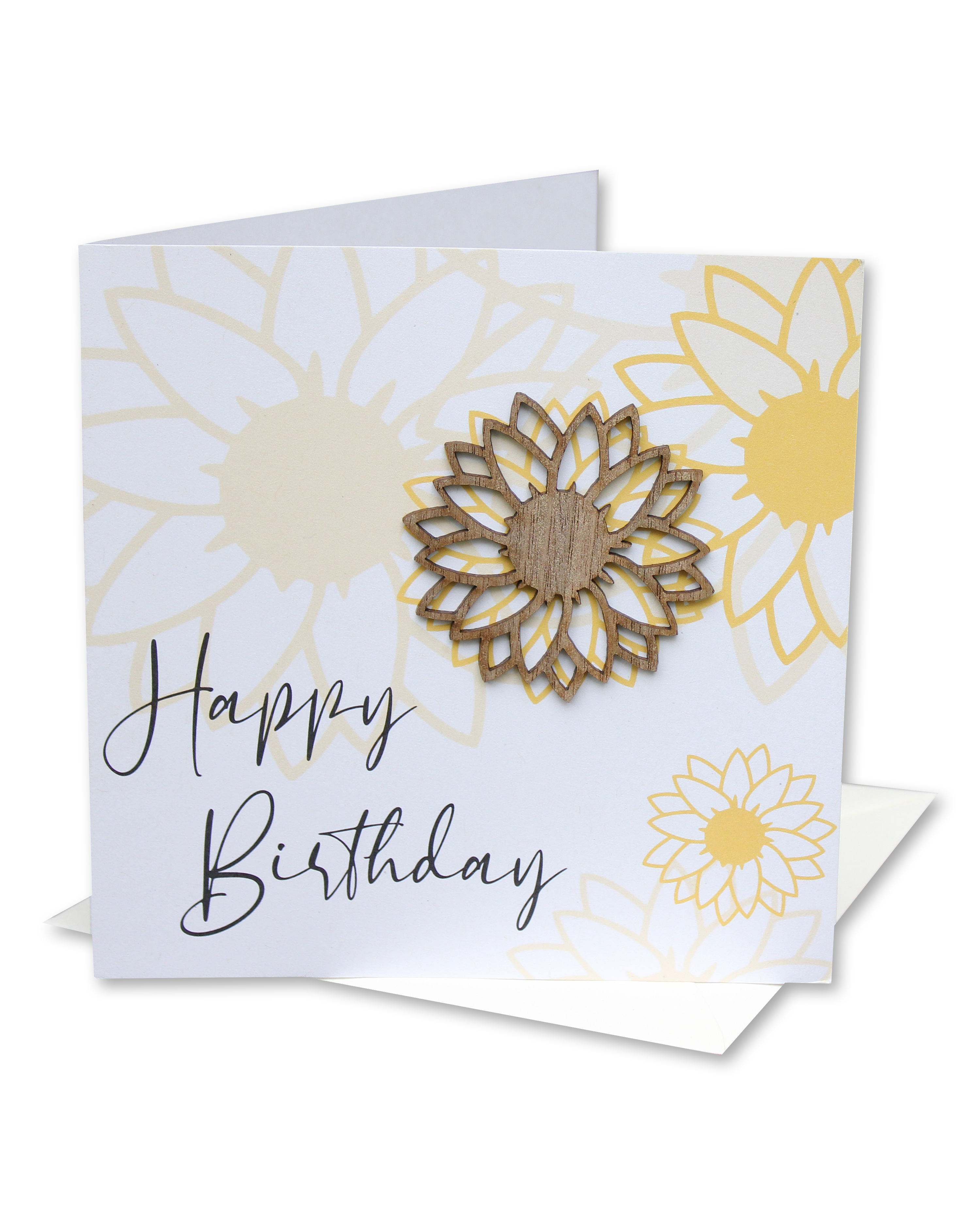 Holzgrusskarten - Geburtstagskarte "Happy Birthday" aus Recyclingkarton mit aufgeklebter Sonnenblume "Happy Birthday"