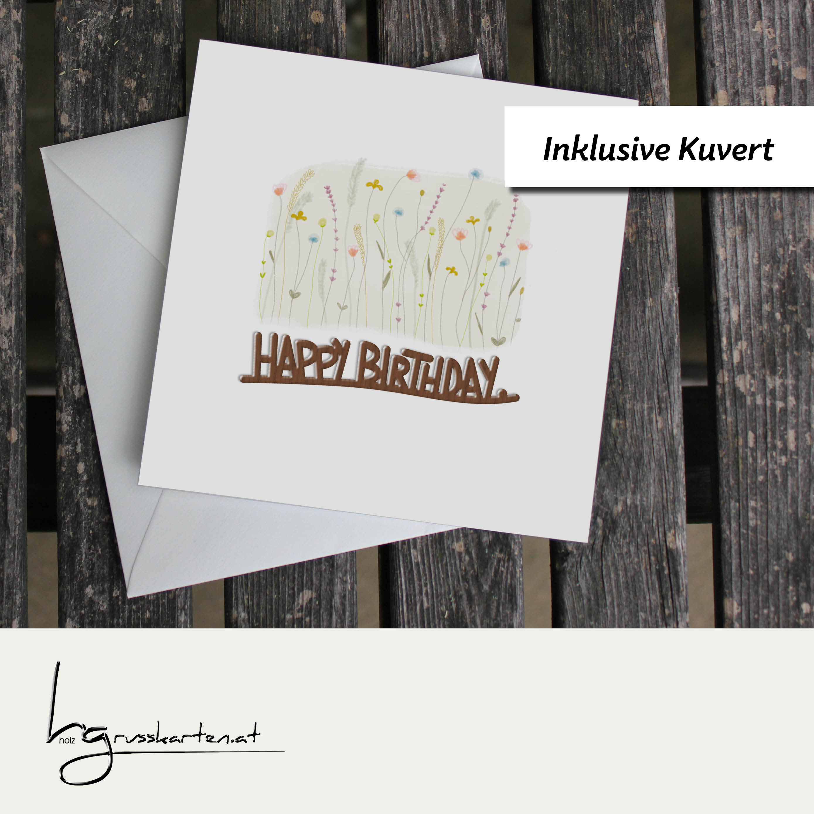 Holzgrusskarten - Geburtstagskarte "Blumenwiese" aus Recyclingkarton mit aufgeklebtem "Happy Birthday" aus Nussholz
