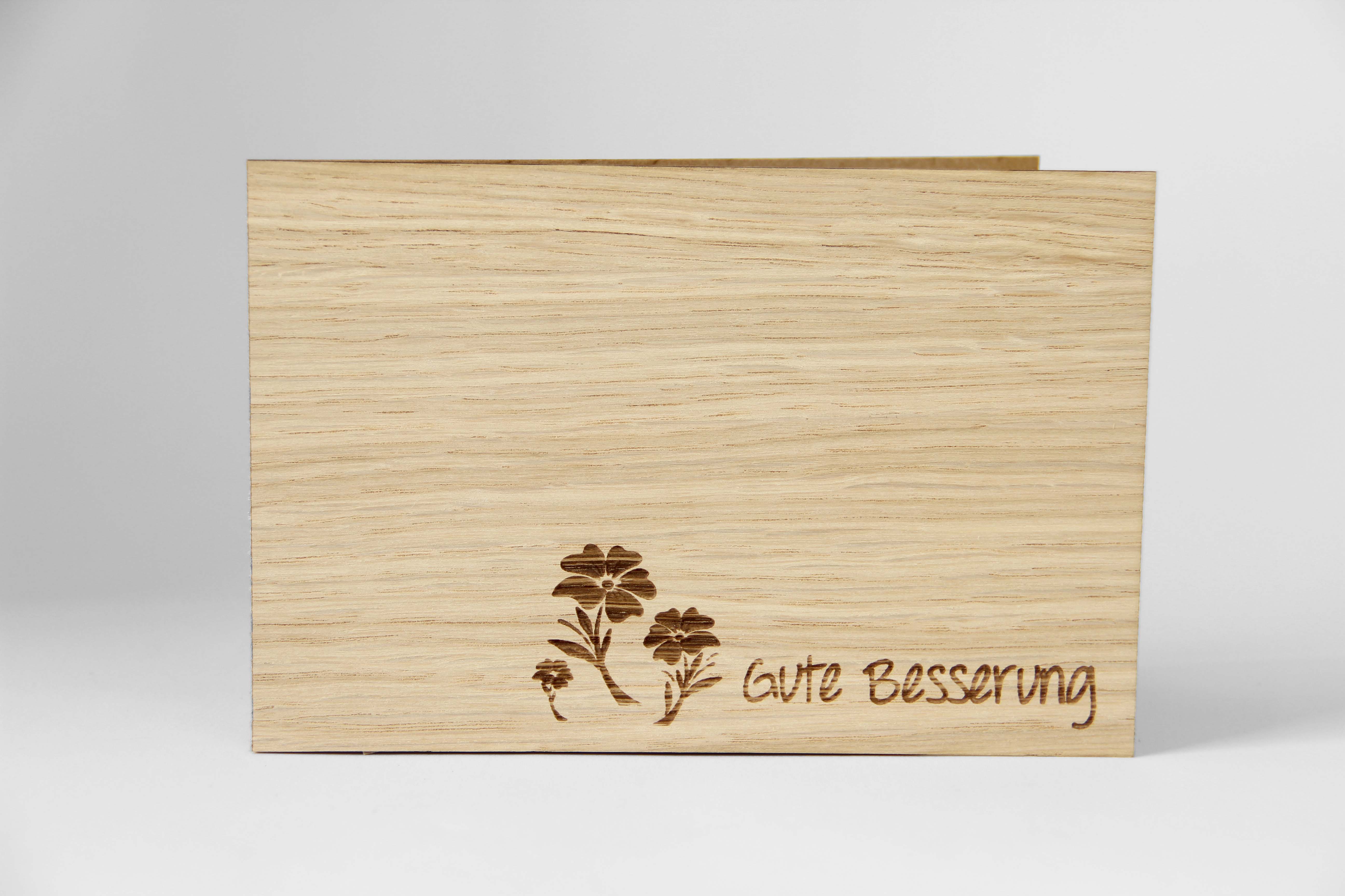 Holzgrusskarten - Genesungskarte "Gute Besserung" aus Nuss, Blumen