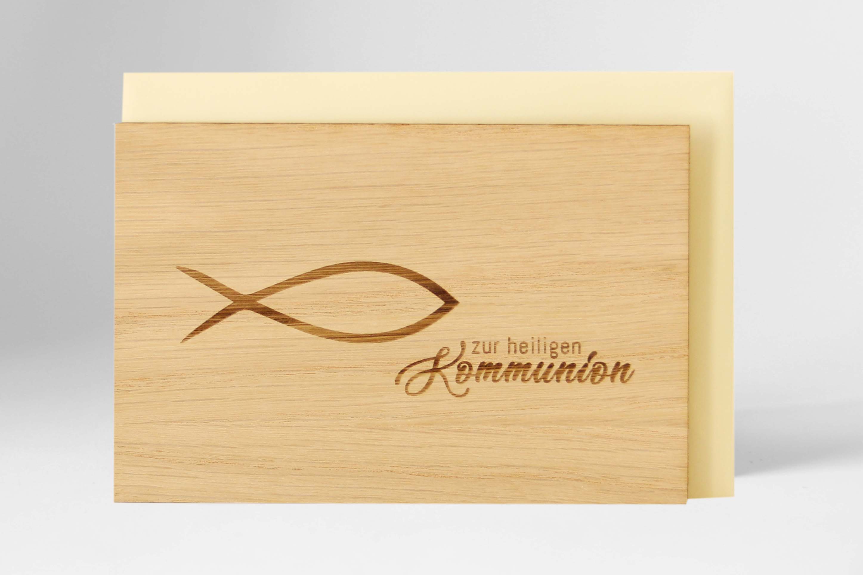 Holzgrusskarten - Erstkommunionkarte "Zur heiligen Kommunion", Eiche