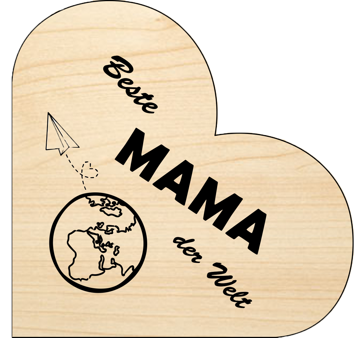 Holzgrusskarten - Herzkarte "Beste Mama der Welt" aus Eiche, Globus, Erde, Papierflieger, Dankeskarte, Geschenkkarte
