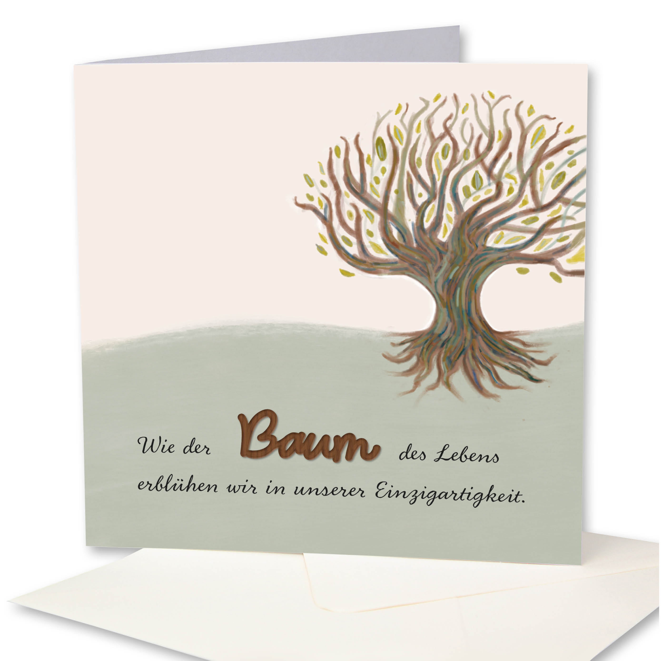 Holzgrusskarten - Geschenkkarte, Glückwunschkarte "Baum des Lebens - Einzigartigkeit" aus Recyclingkarton mit aufgeklebtem "Baum" aus Nussholz