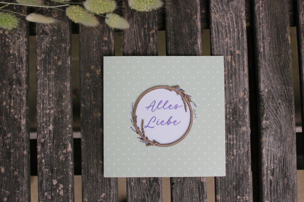 Original Holzgrusskarte - Geschenkkarte für eine besondere Überraschung oder als Dankeschön, Motiv "Lavendel-Ring", Freundschaft, Liebe, Billet, Glückwunschkarte, Postkarte
