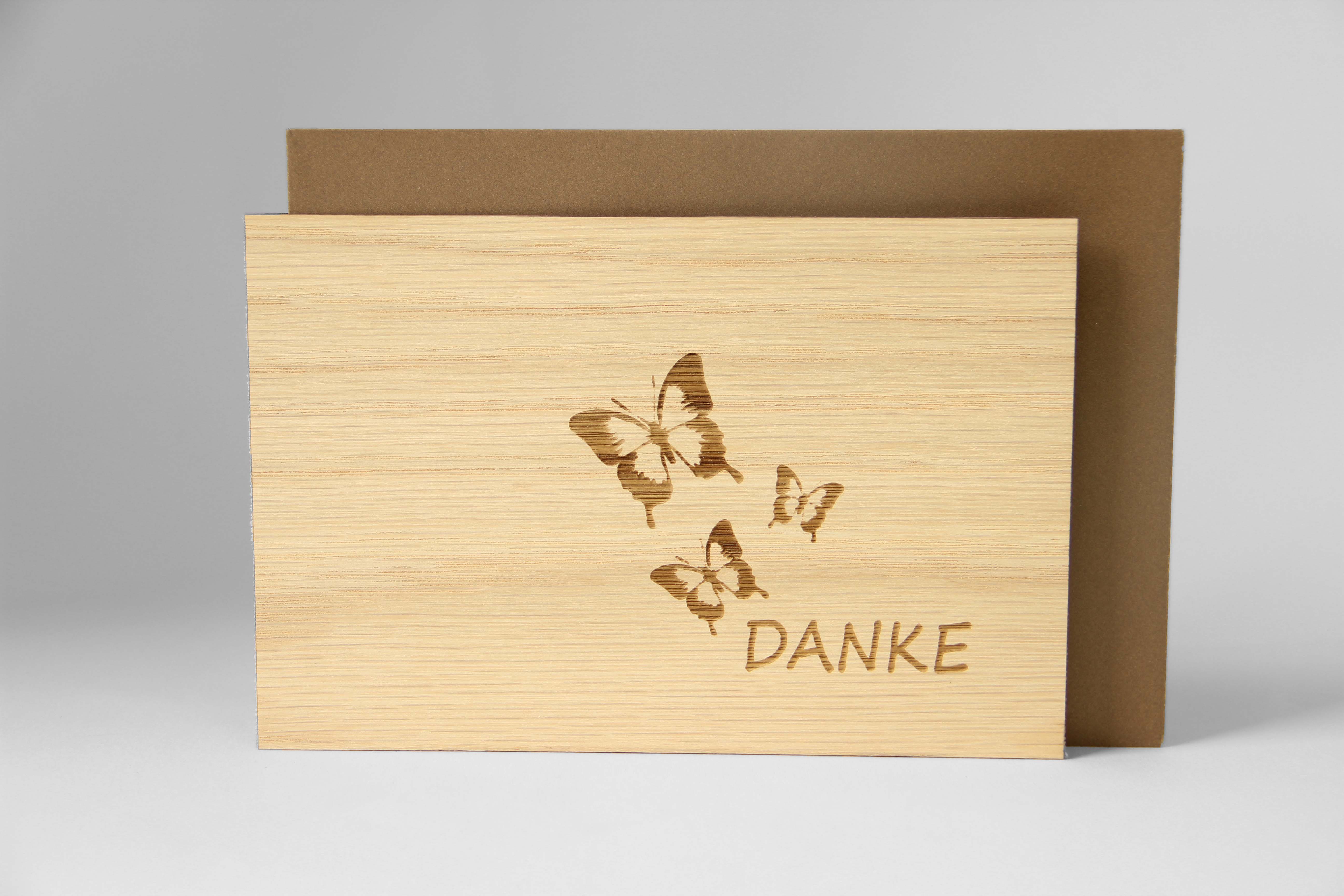 Holzgrusskarten - Dankeskarte "Danke" aus Eiche, Schmetterling