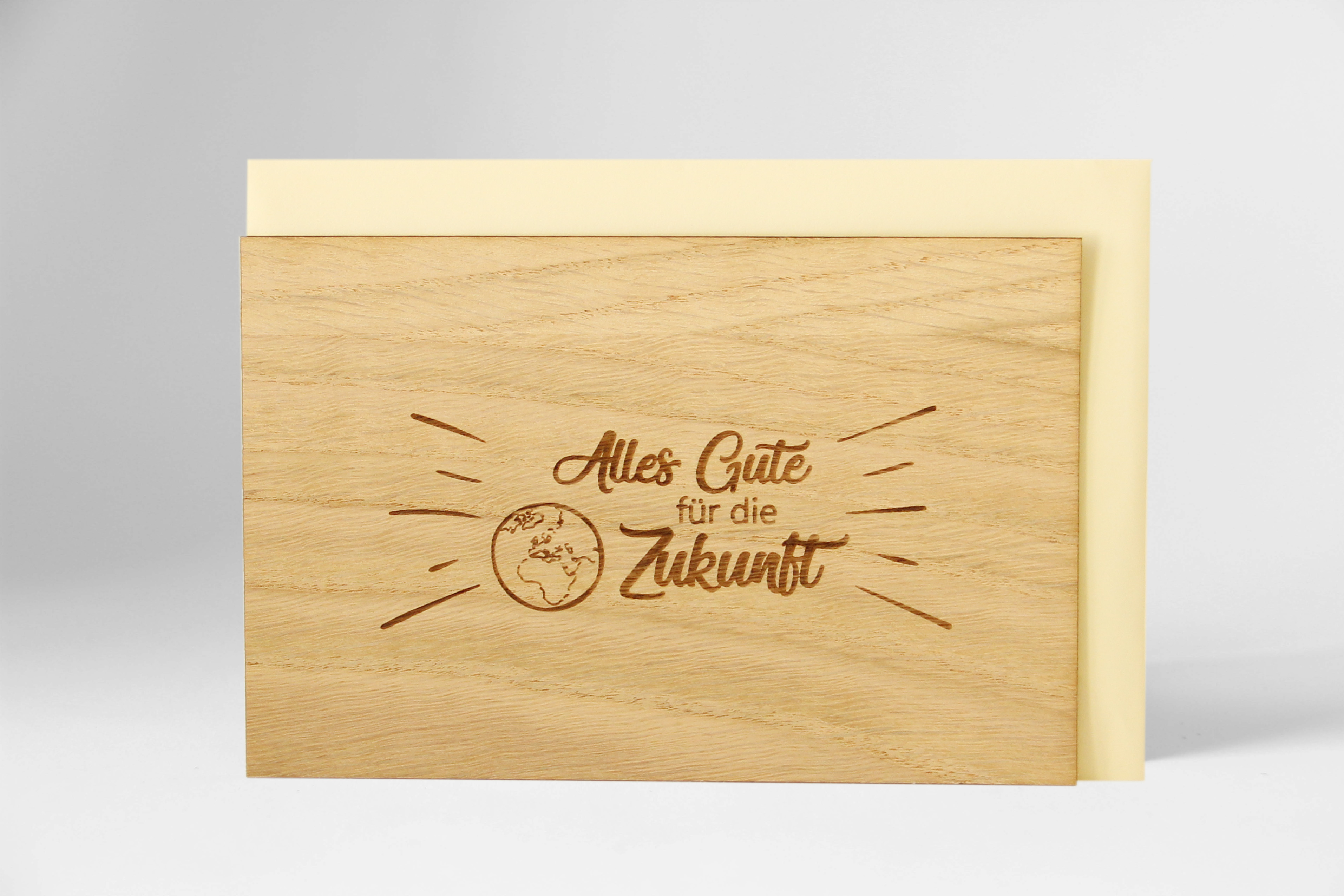 Holzgrusskarten - Geschenkkarte "Alles Gute für die Zukunft" aus Eiche, Dankeskarte