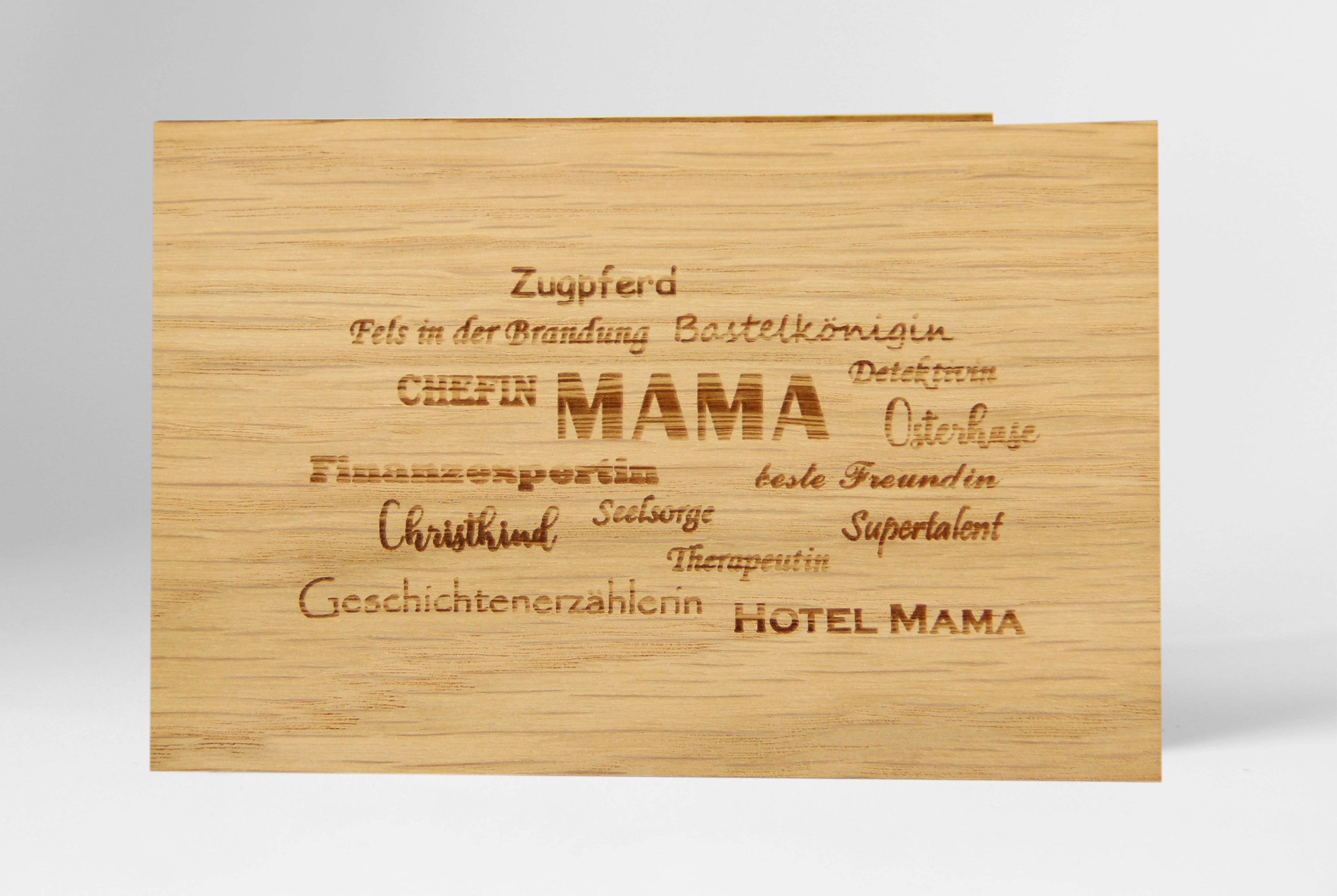 Holzgrusskarten - Geschenkkarte "Mama" aus Eiche, Dankeskarte