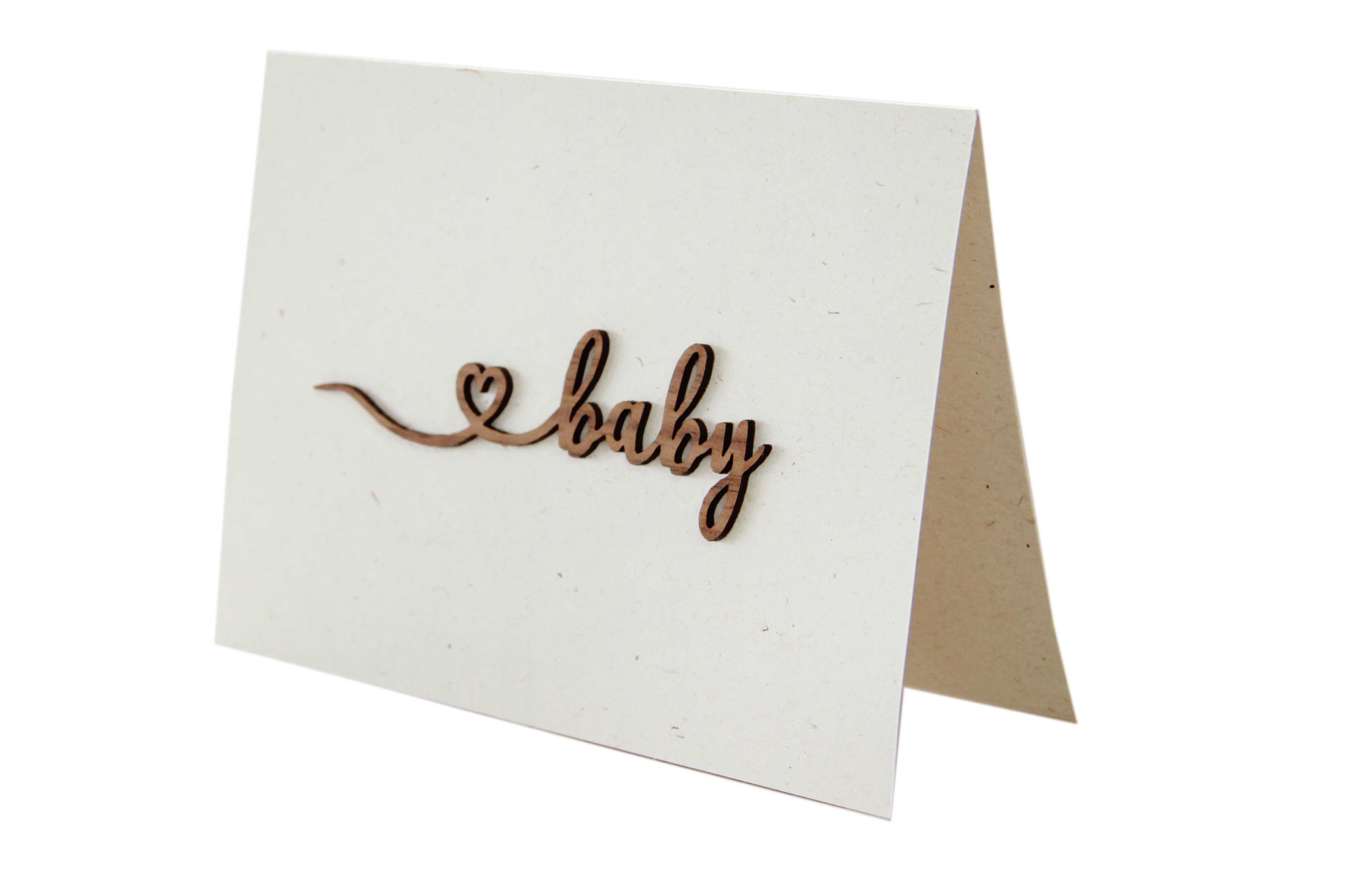 Holzgrusskarten - Papierkarte mit Schriftzug "Baby" aus Nuss, Herz, Geburtskarte