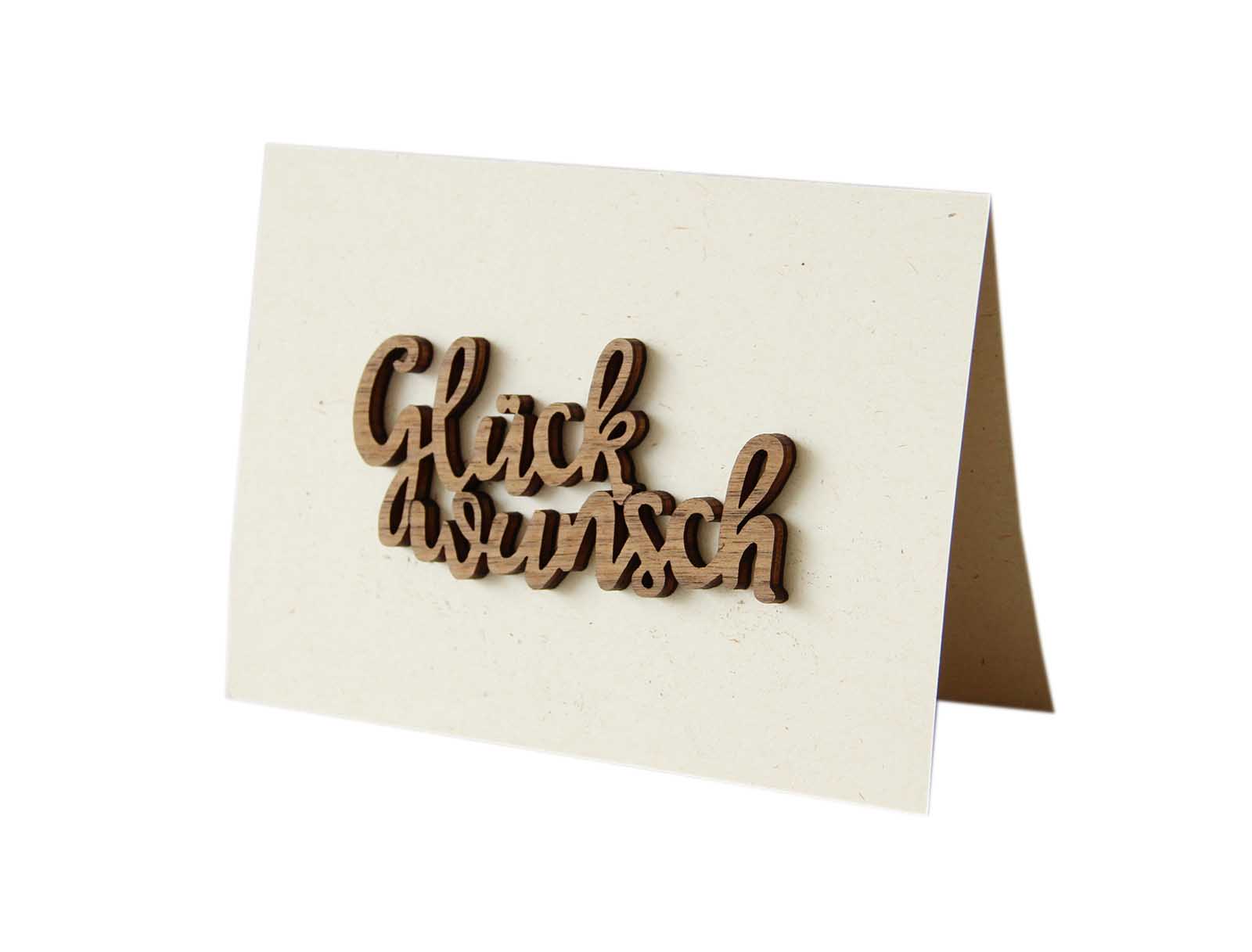 Holzgrusskarten - Papierkarte mit Schriftzug "Glückwunsch" aus Nuss, Glückwunschkarte, Geschenkkarte