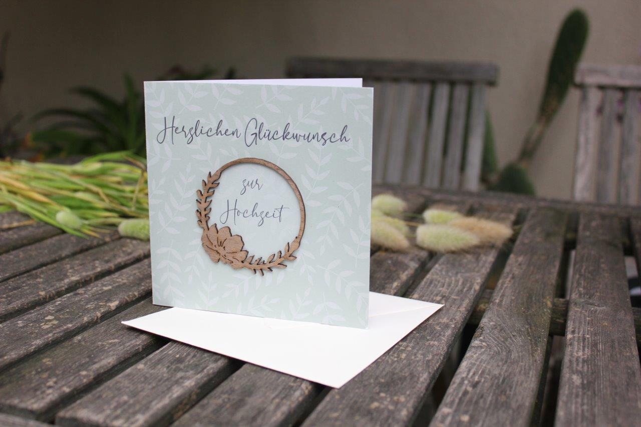 Holzgrusskarten - Dankeskarte "Alles Liebe" mit aufgeklebtem Lavendelring aus Echtholz